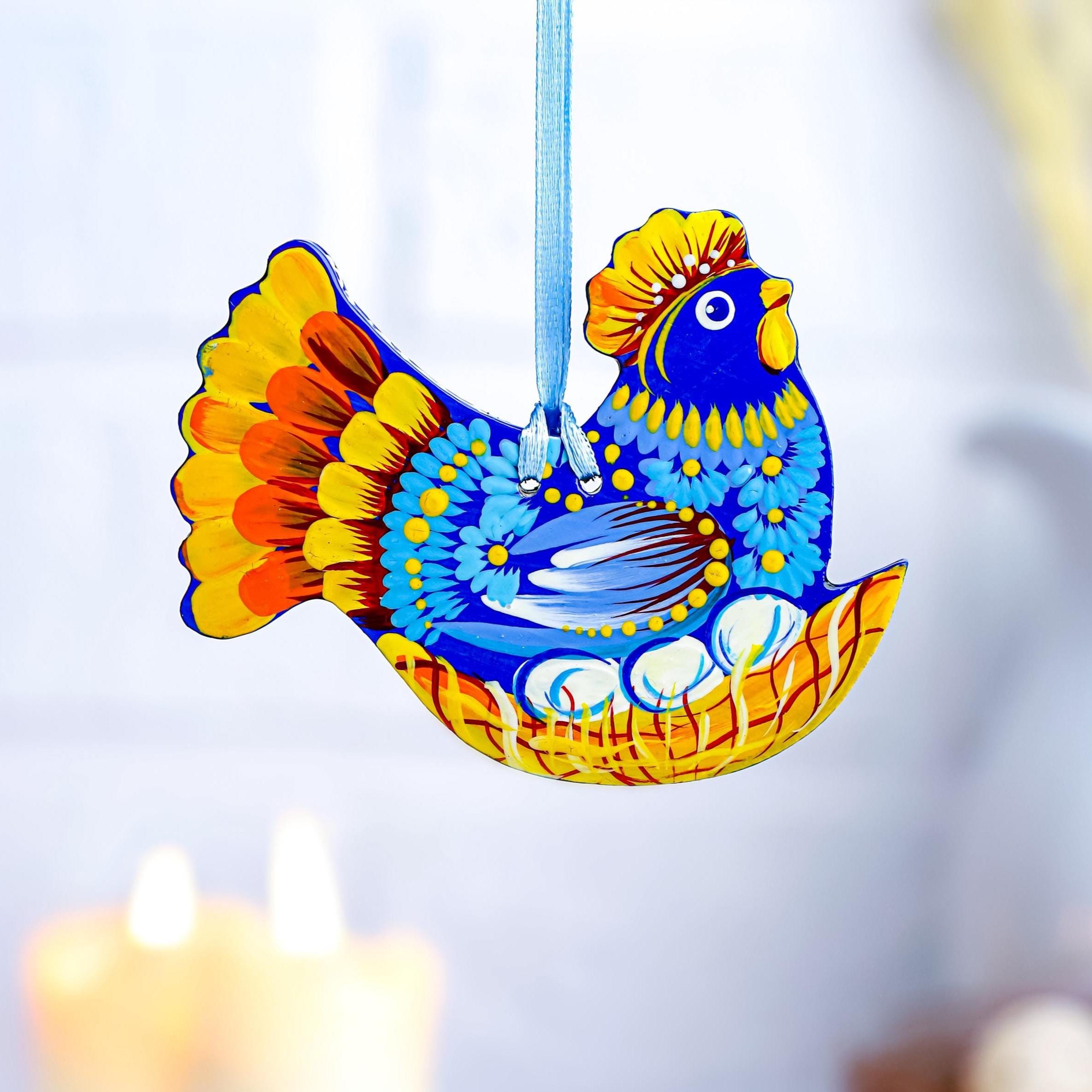 Painted Wooden Chicken Ornament - Personalized Ukrainian Petrykivka Decoration