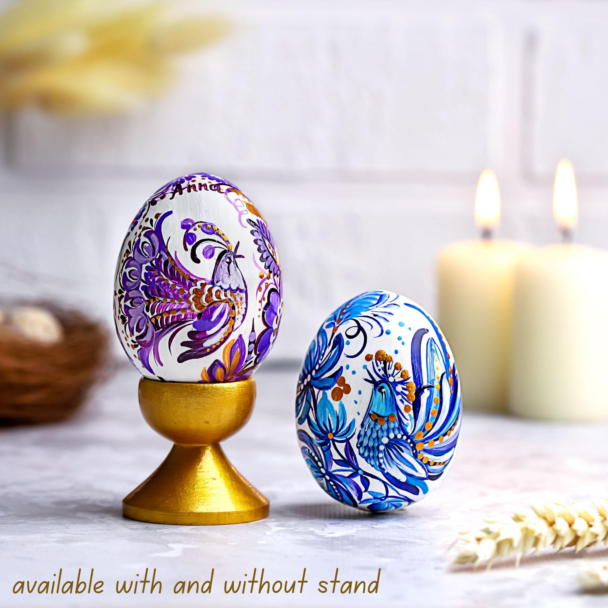 Painted Wooden Bird Easter Egg - Personalized Ukrainian Pysanky with Petrykivka Art