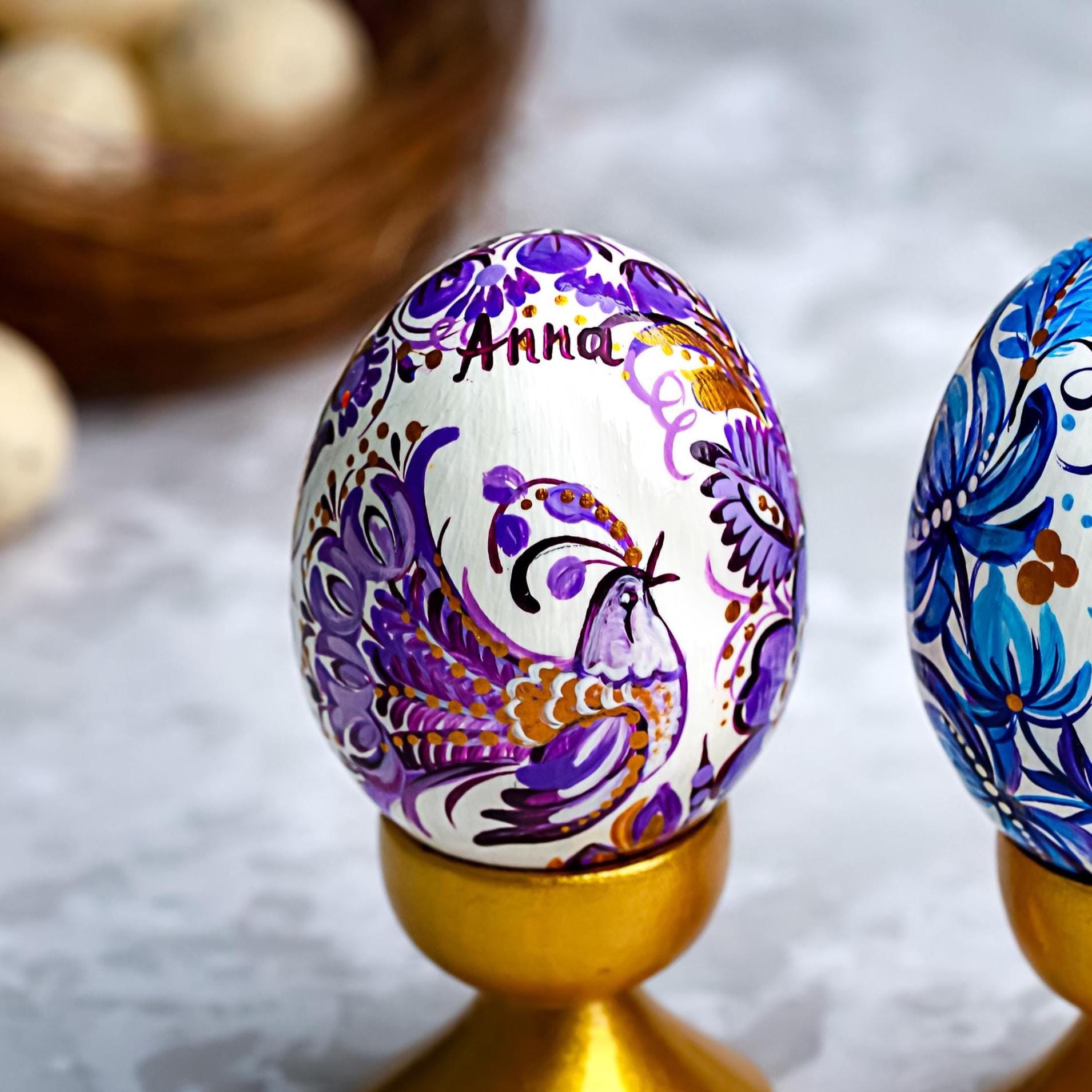 Painted Wooden Bird Easter Egg - Personalized Ukrainian Pysanky with Petrykivka Art