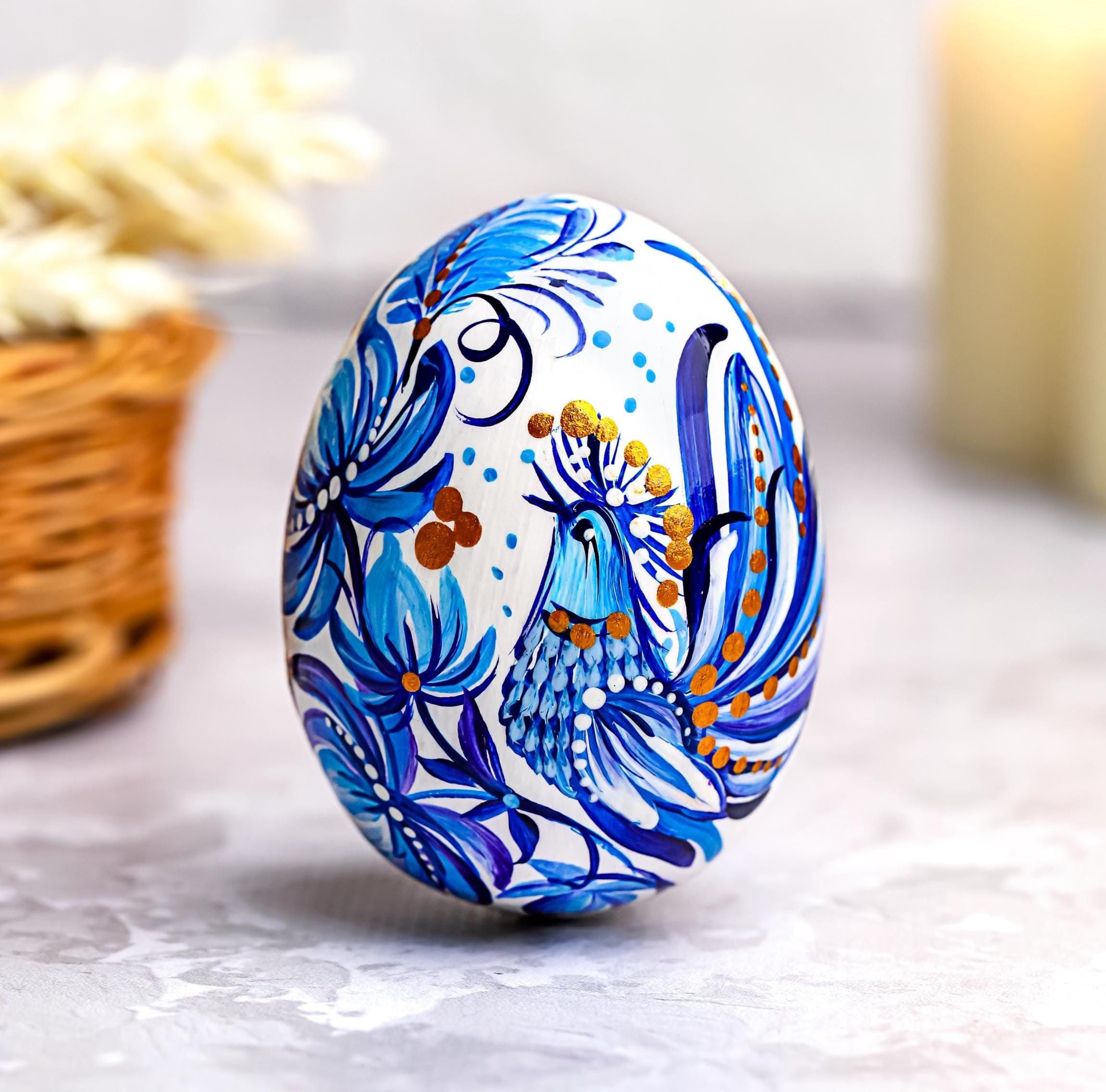 Painted Wooden Bird Easter Egg - Personalized Hanging Ukrainian Pysanky with Petrykivka Art