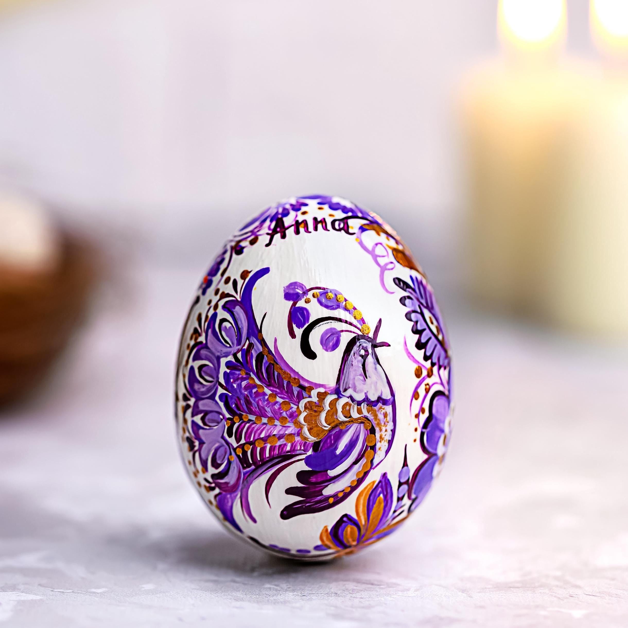 Painted Wooden Bird Easter Egg - Personalized Ukrainian Pysanky with Petrykivka Art