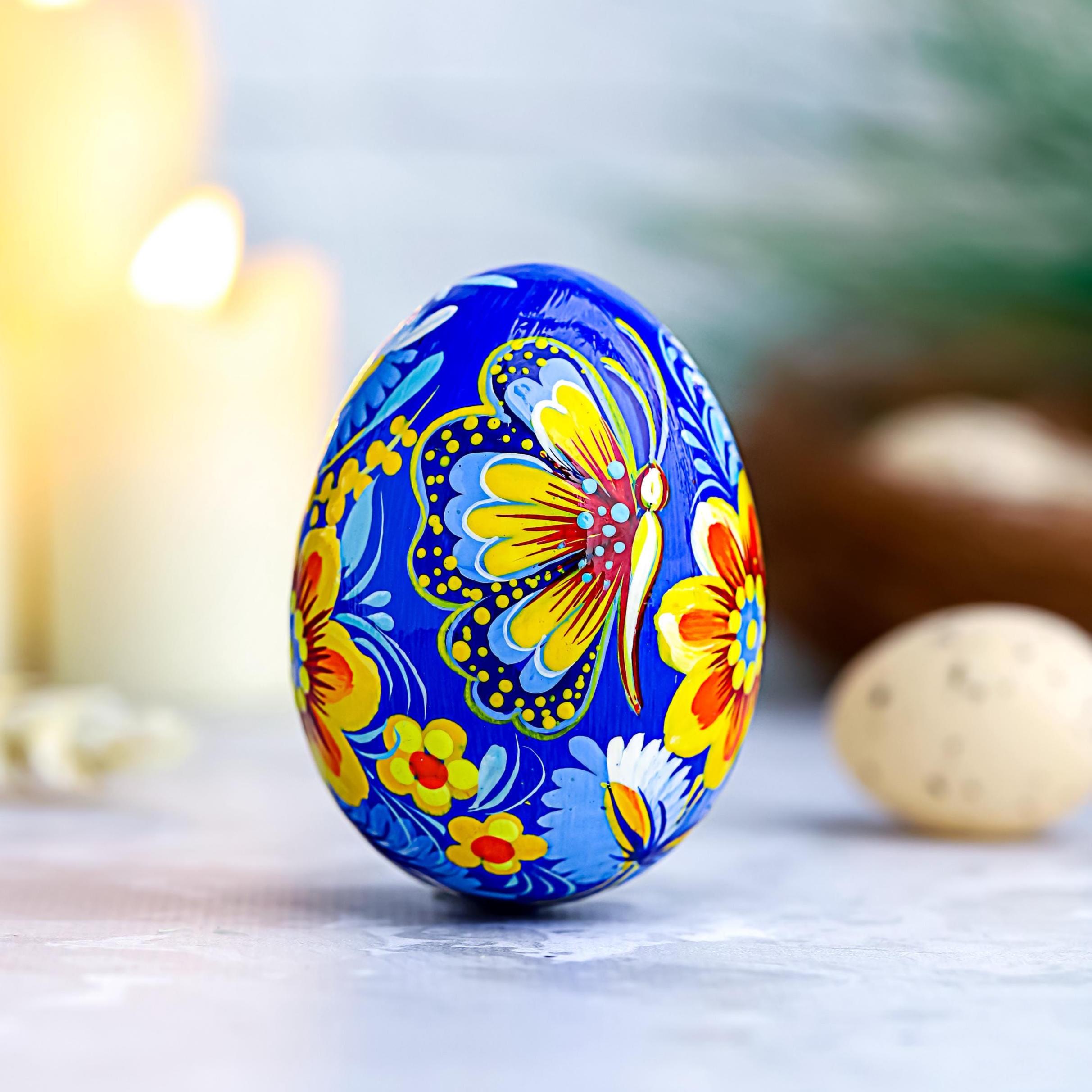 Painted Wooden Butterfly Easter Egg - Personalized Ukrainian Pysanky with Petrykivka Art