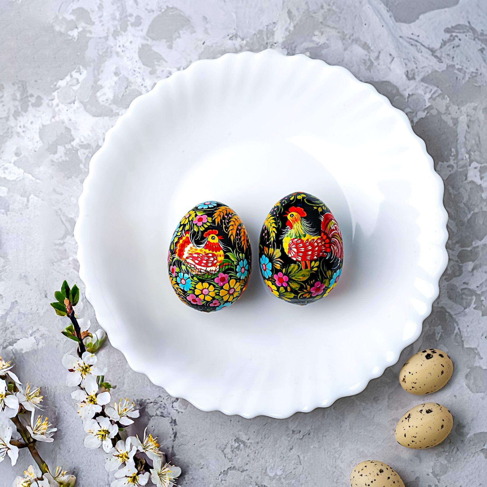 Painted Wooden Chicken Egg Ornament - Hanging Ukrainian Pysanky - Petrykivka Rooster & Hen Easter Decoration