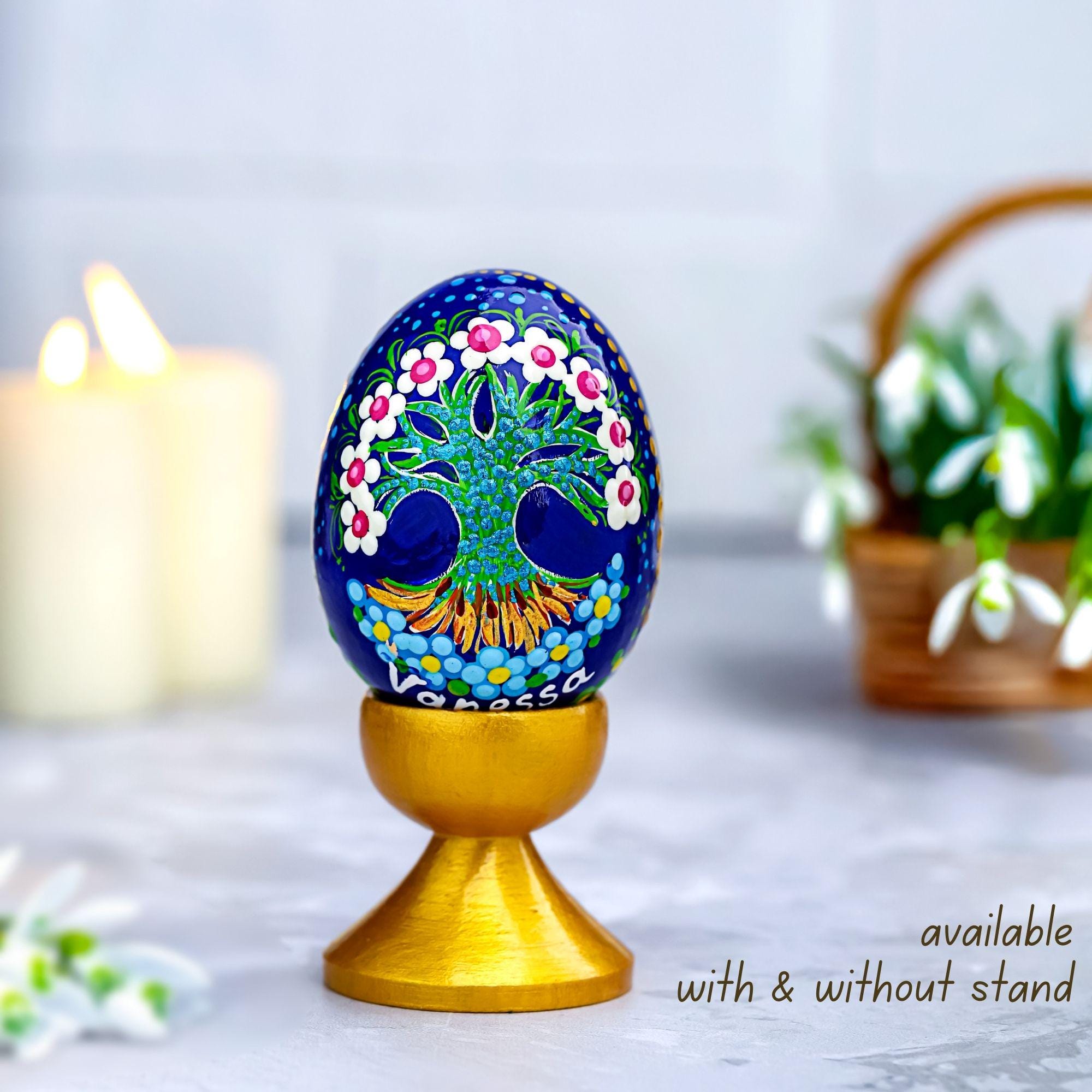Hand-painted Wooden Egg - Personalized Tree of Life Easter Decoration, Ukrainian Petrykivka Pysanky Eggs