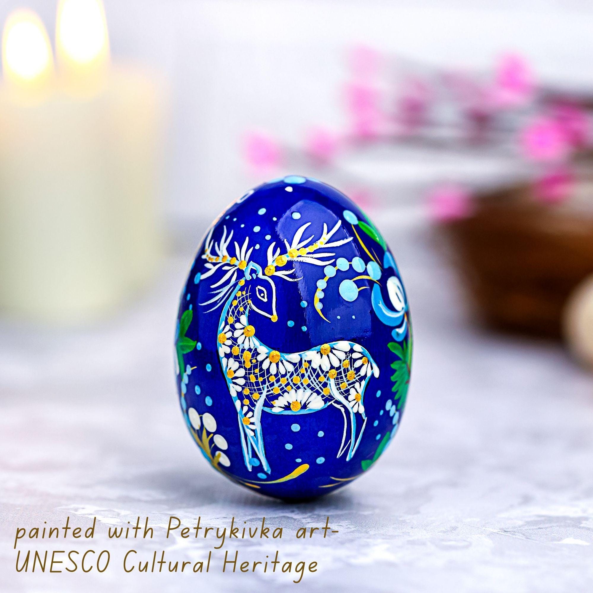 Painted Wooden Egg - Personalized Deer Easter Decoration, Ukrainian Petrykivka Pysanky Eggs