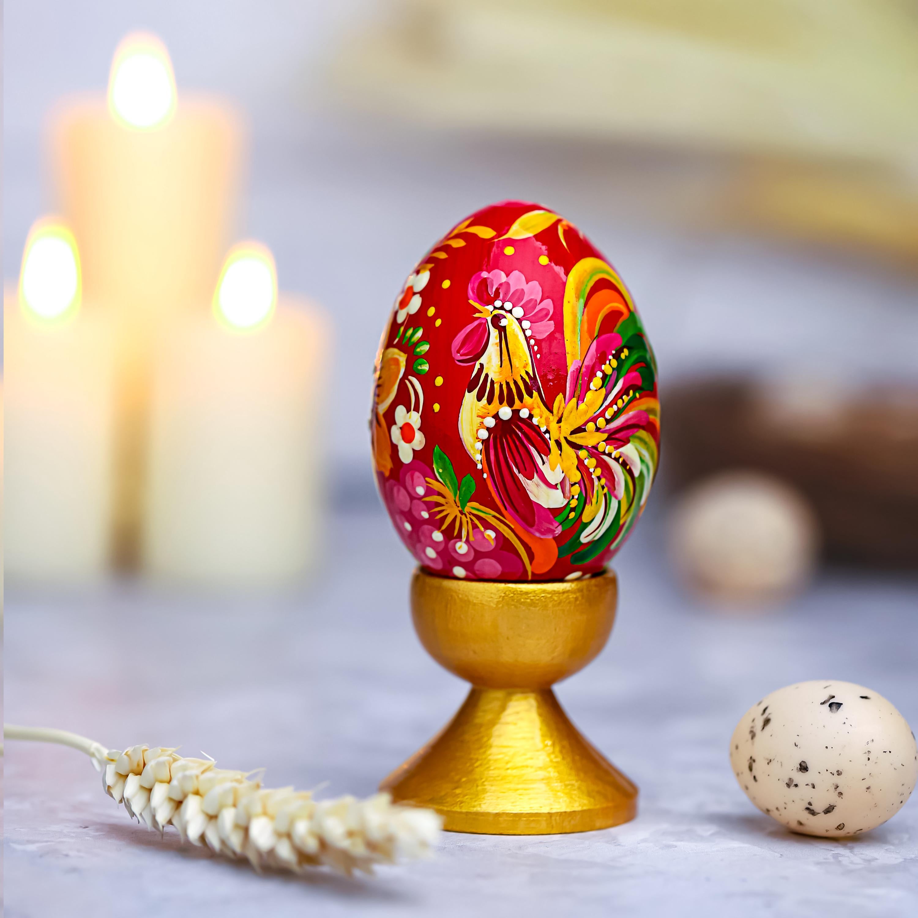 Painted Wooden Rooster Egg - Ukrainian Pysanky - Petrykivka Easter Decoration