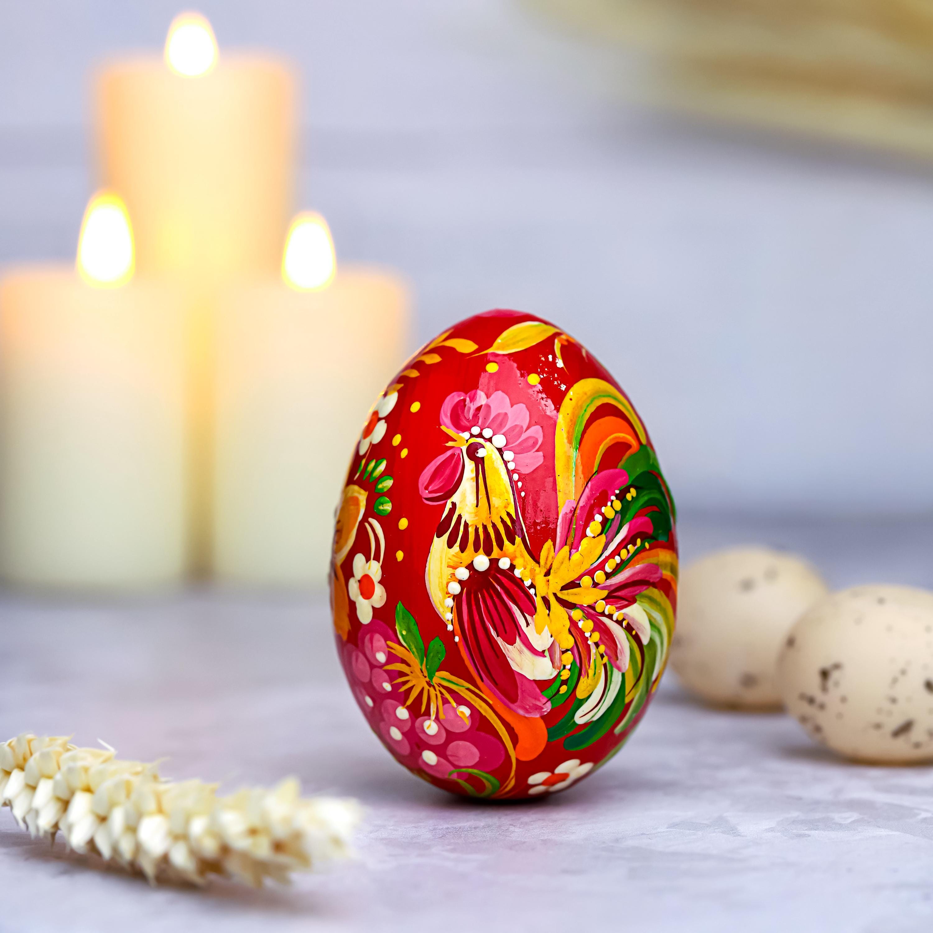 Painted Wooden Rooster Egg - Ukrainian Pysanky - Petrykivka Easter Decoration