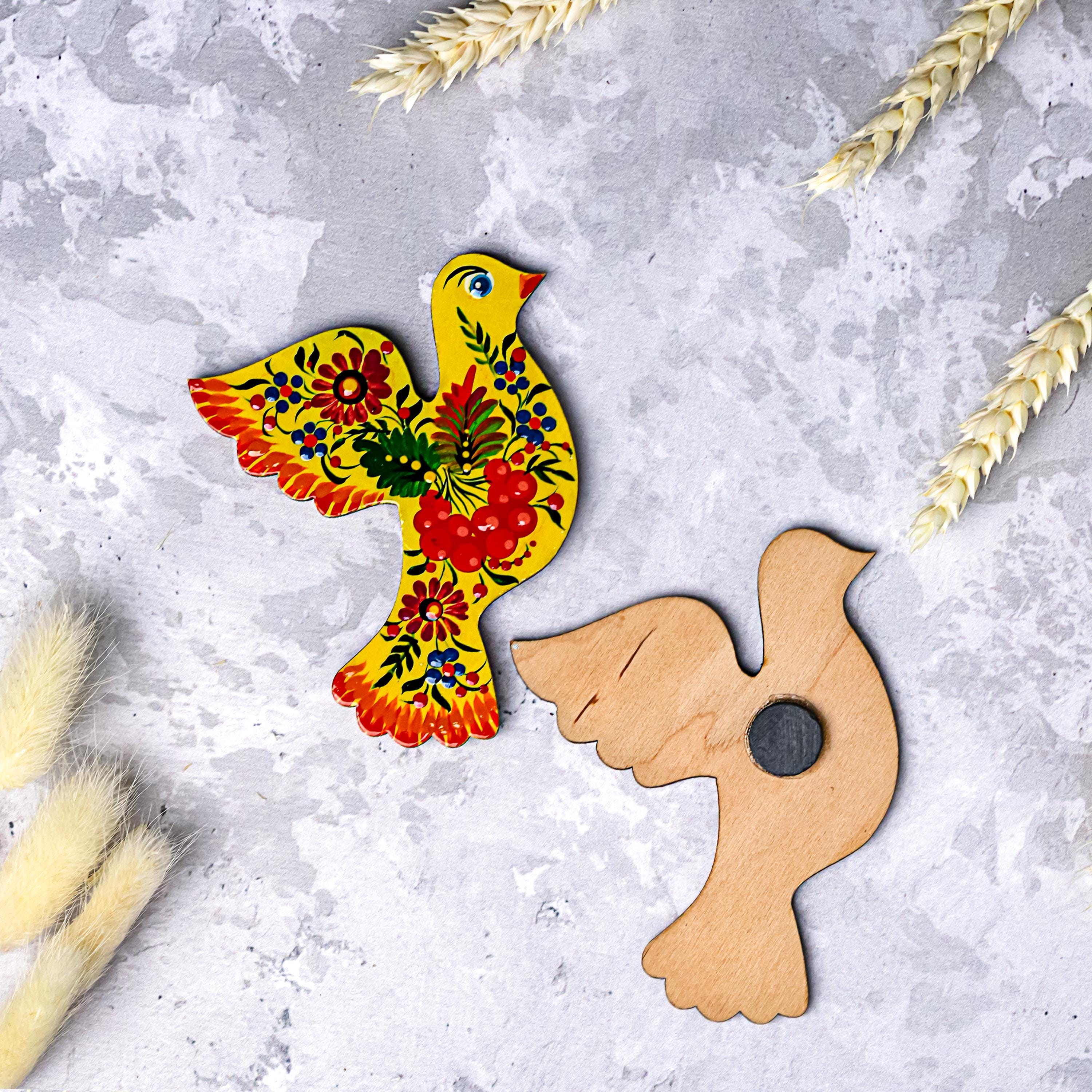 Painted Wooden Dove Fridge Magnets - Ukrainian Petrykivka Pigeon Bird Magnets
