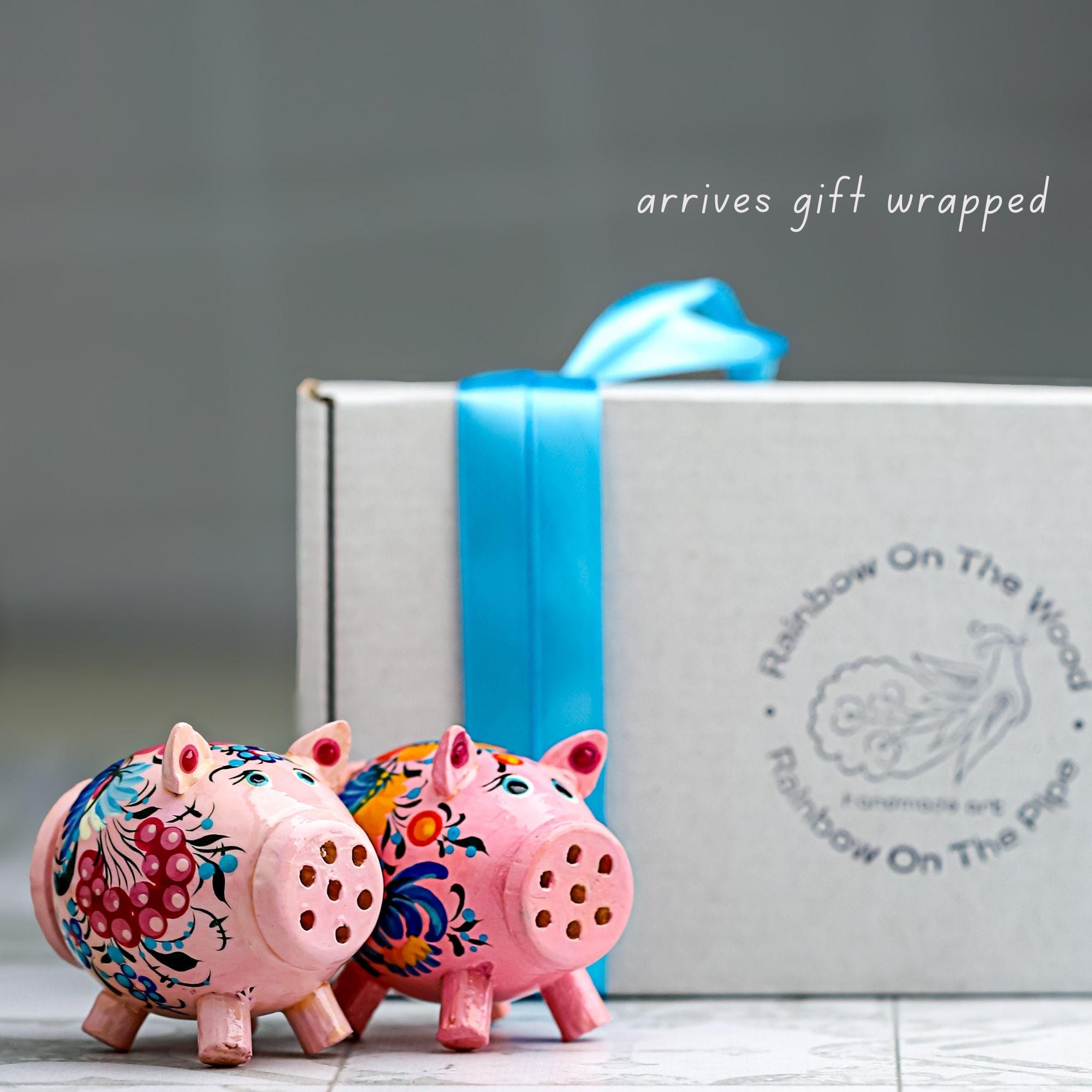 Wooden Pig Salt & Pepper Shaker Hand Painted with Petrykivka Art, Tight-Seal Lid