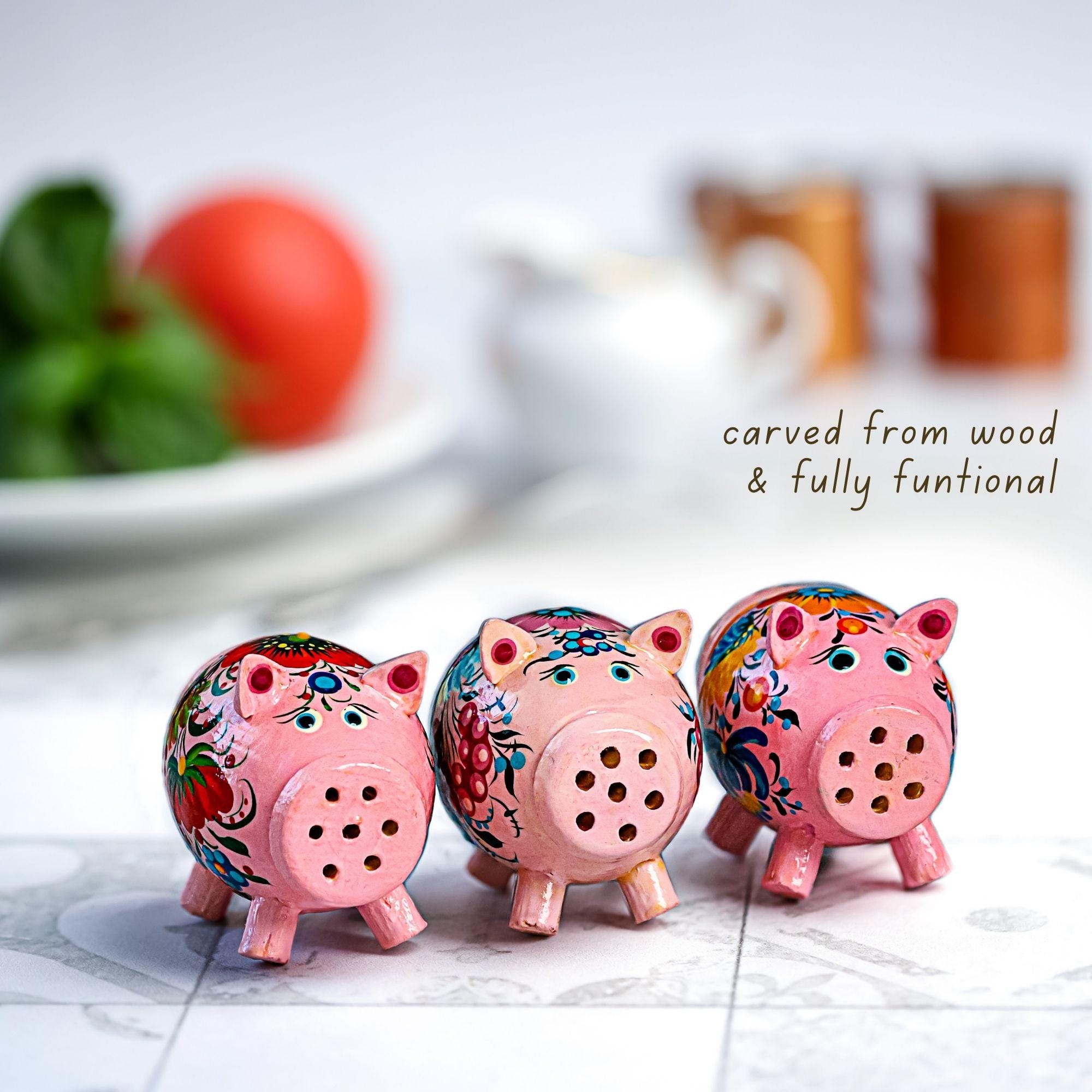 Wooden Pig Salt & Pepper Shaker Hand Painted with Petrykivka Art, Tight-Seal Lid