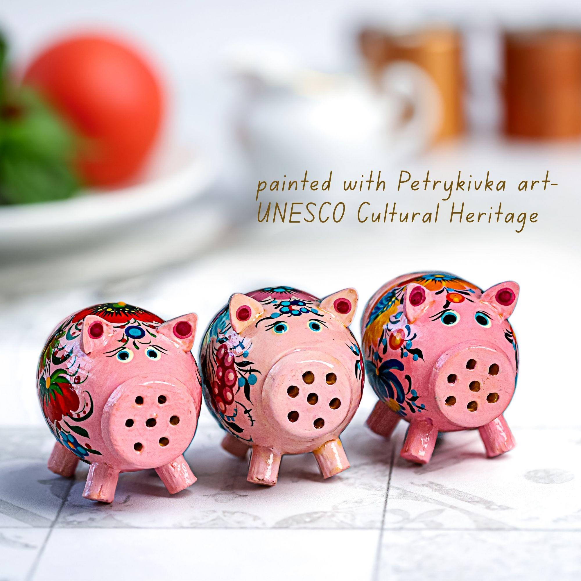 Wooden Pig Salt & Pepper Shaker Hand Painted with Petrykivka Art, Tight-Seal Lid