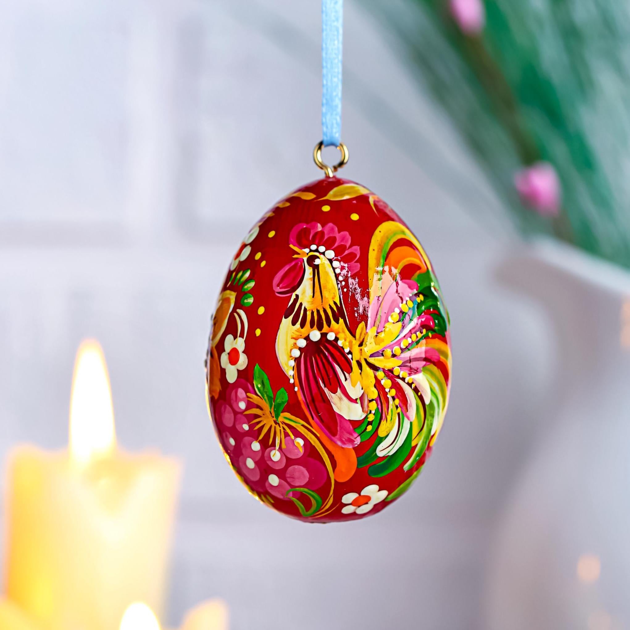 Painted Wooden Rooster Egg Ornament - Hanging Ukrainian Pysanky - Petrykivka Easter Decoration