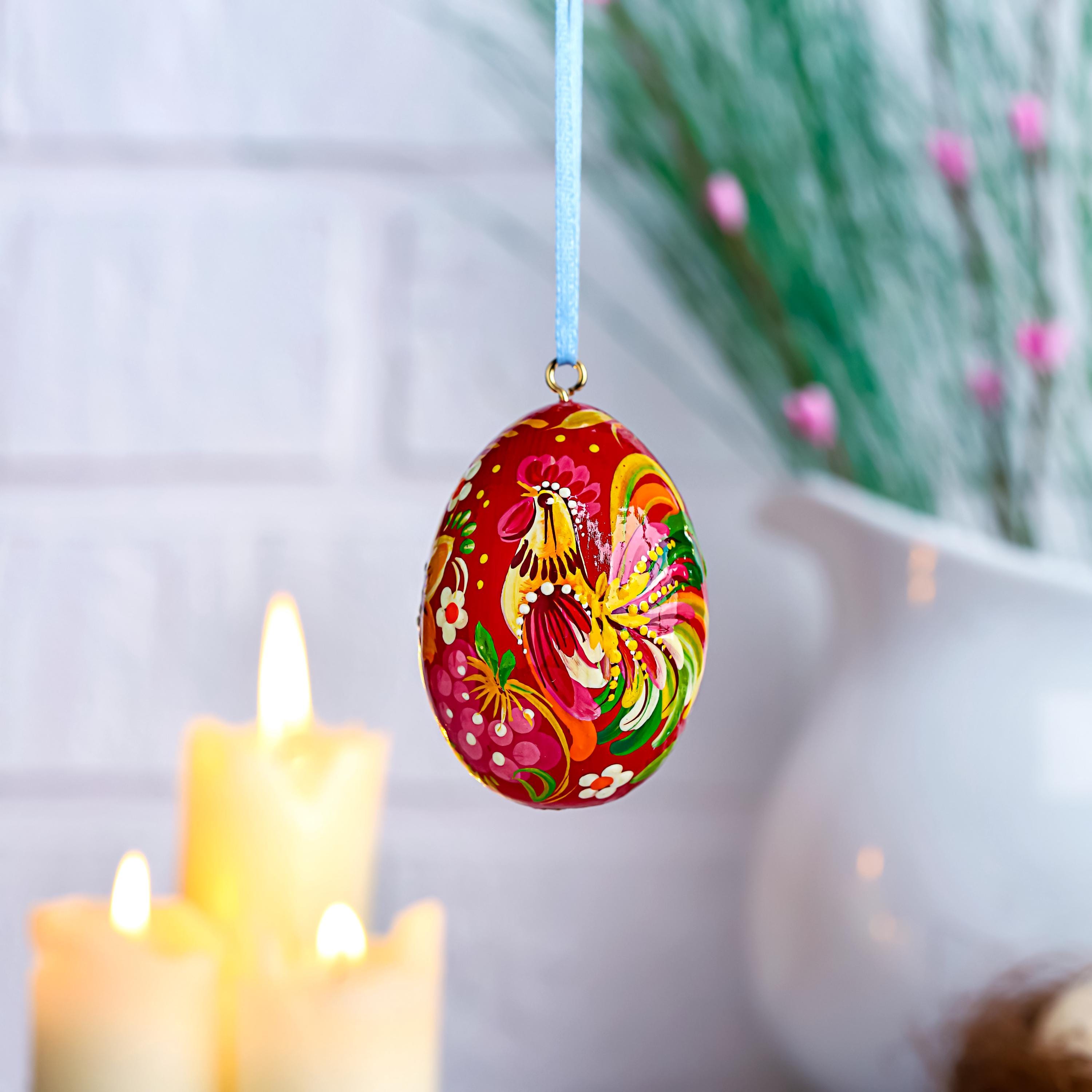 Painted Wooden Rooster Egg Ornament - Hanging Ukrainian Pysanky - Petrykivka Easter Decoration