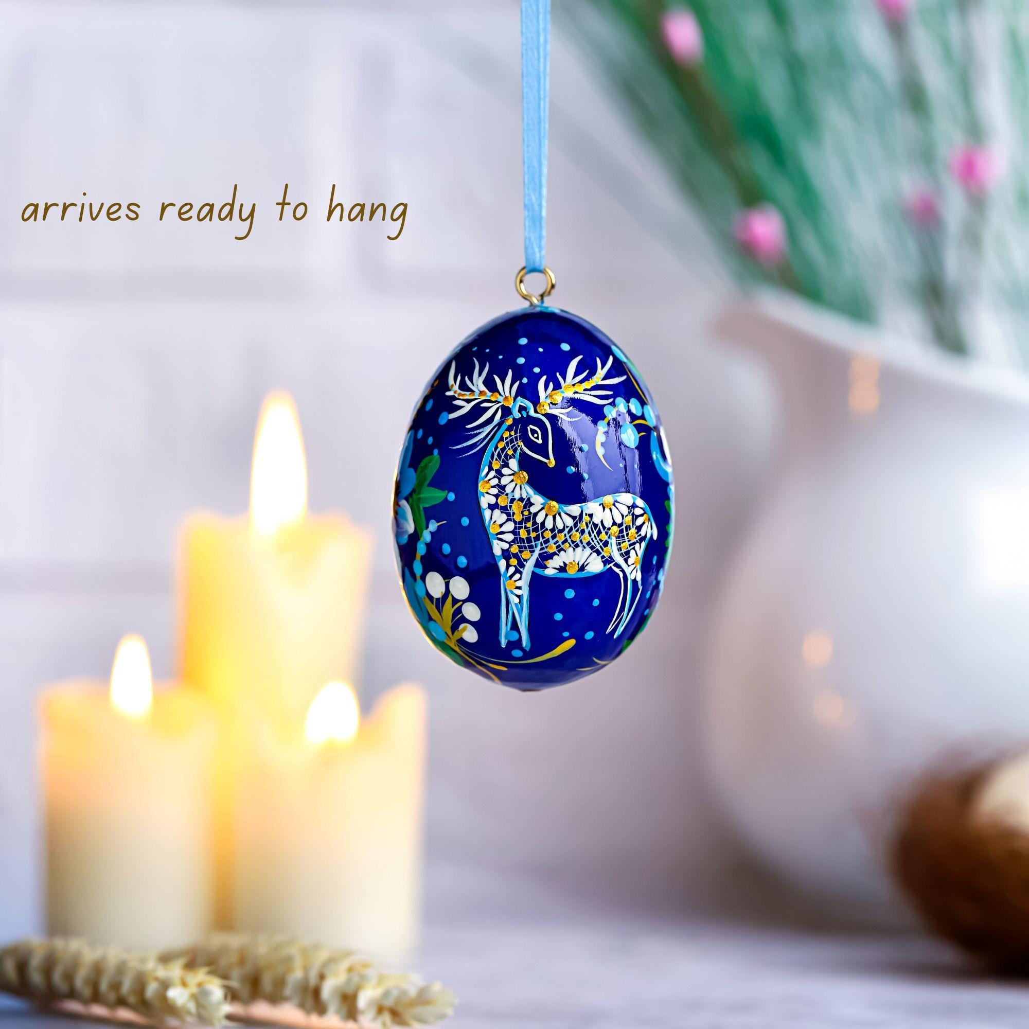 Painted Wooden Hanging Egg Ornament- Personalized Deer Easter Decoration, Ukrainian Petrykivka Pysanky Eggs