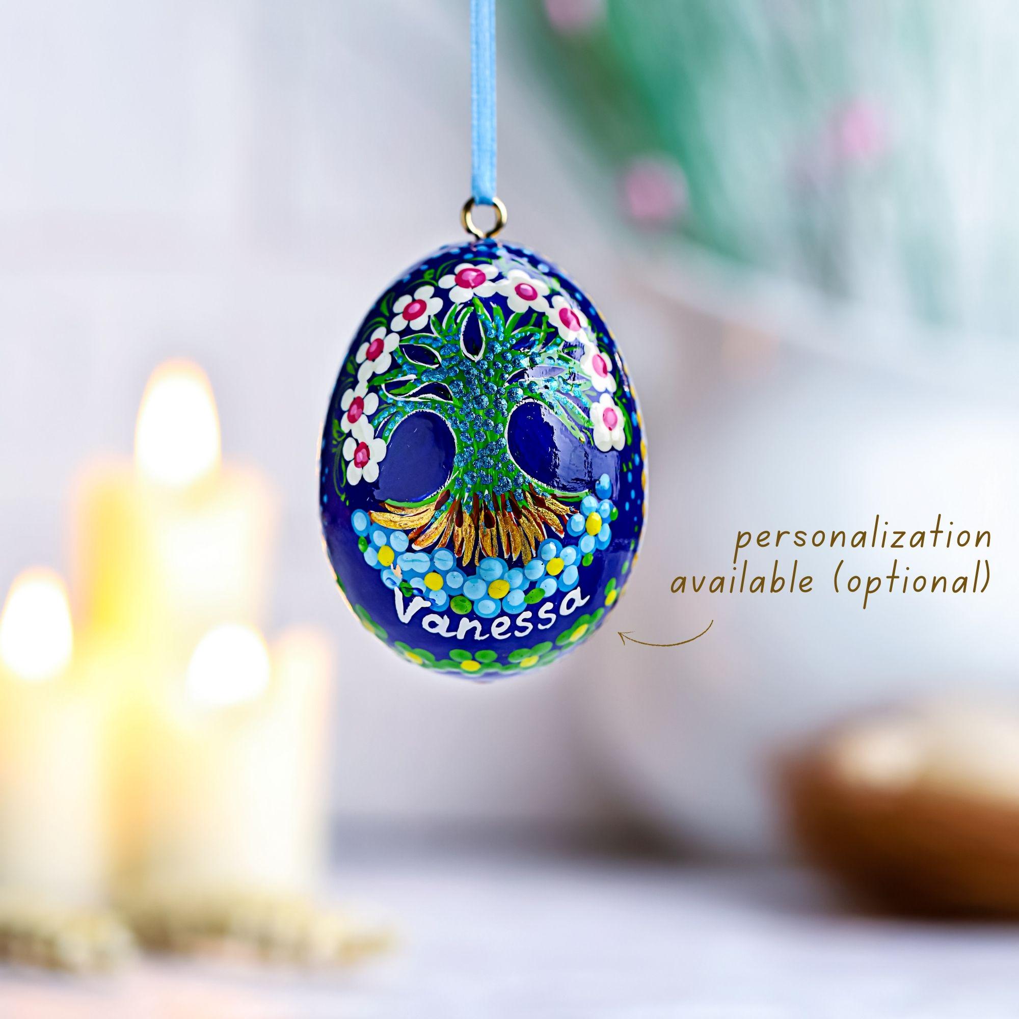 Painted Wooden Hanging Easter Egg - Personalized Tree of Life Easter Decoration, Ukrainian Petrykivka Pysanky