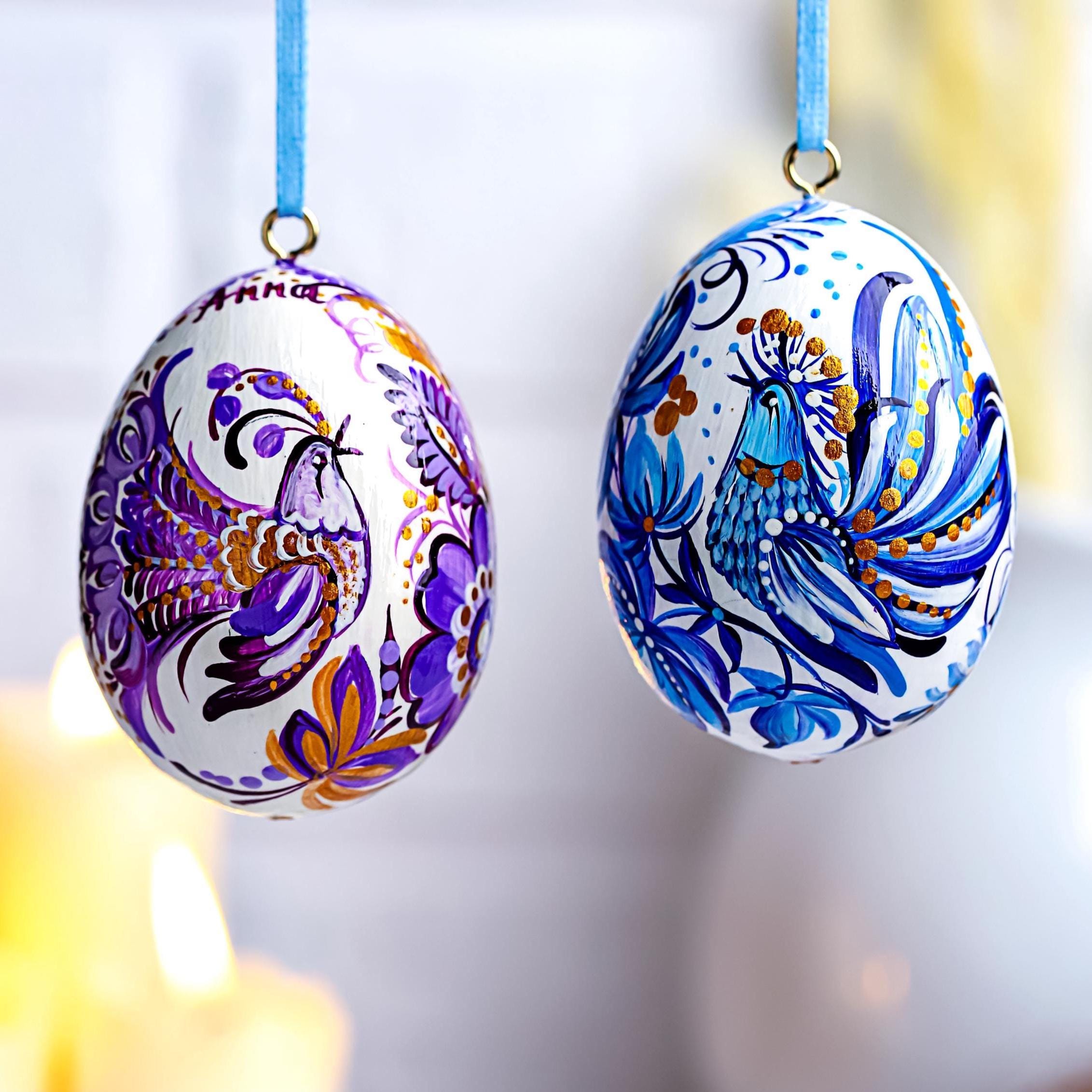 Painted Wooden Bird Easter Egg - Personalized Hanging Ukrainian Pysanky with Petrykivka Art