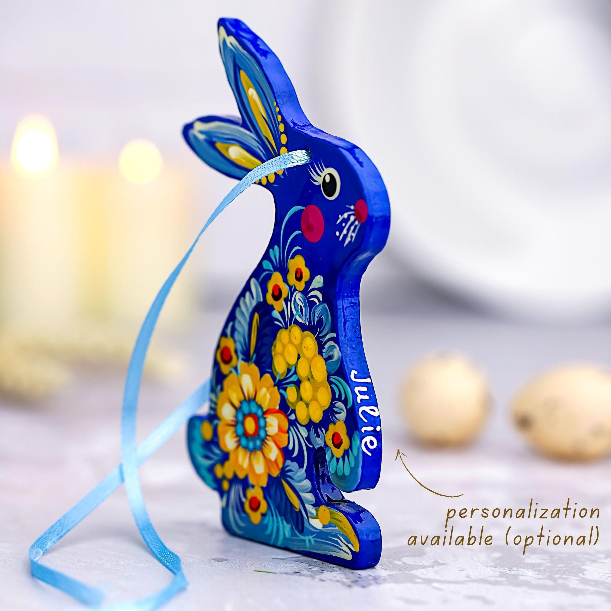 Painted Wooden Easter Bunny Ornament - Personalized Ukrainian Petrykivka Decoration