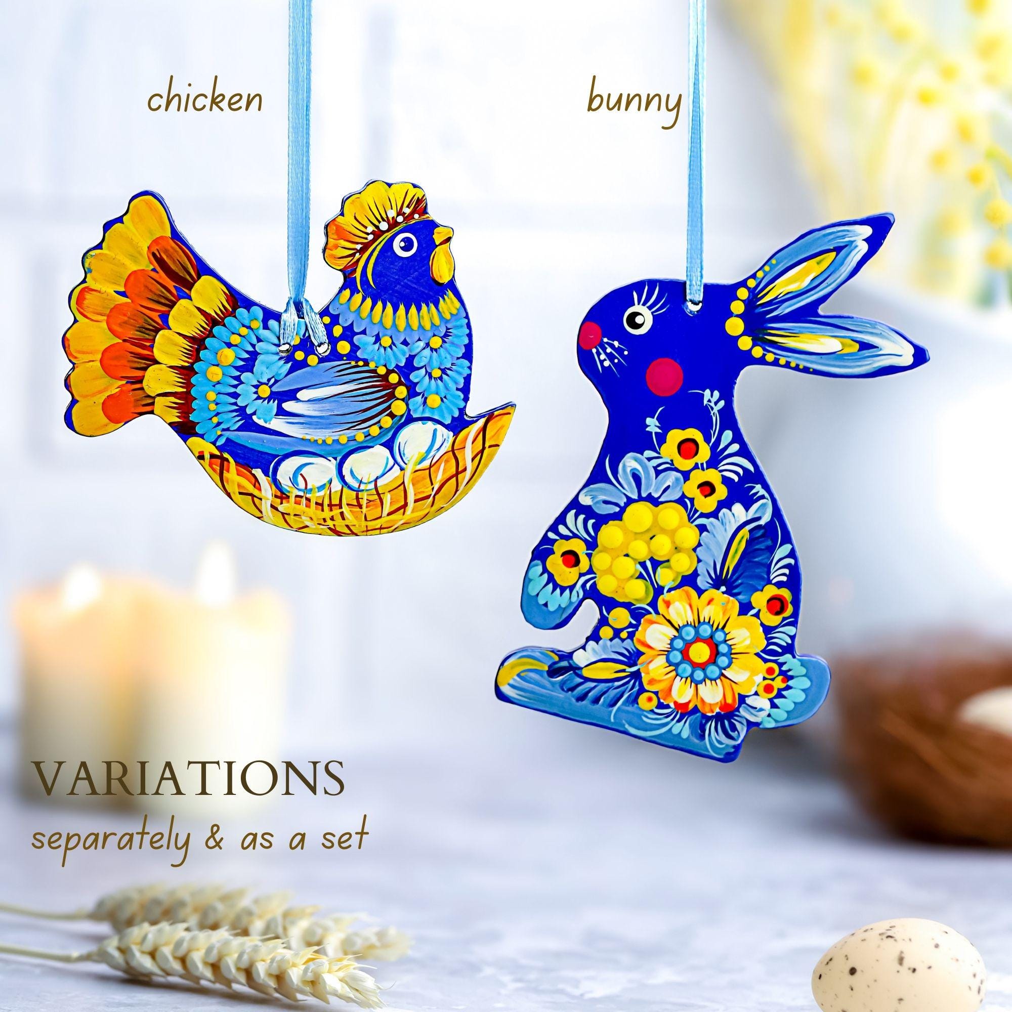 Painted Wooden Easter Bunny Ornament - Personalized Ukrainian Petrykivka Decoration