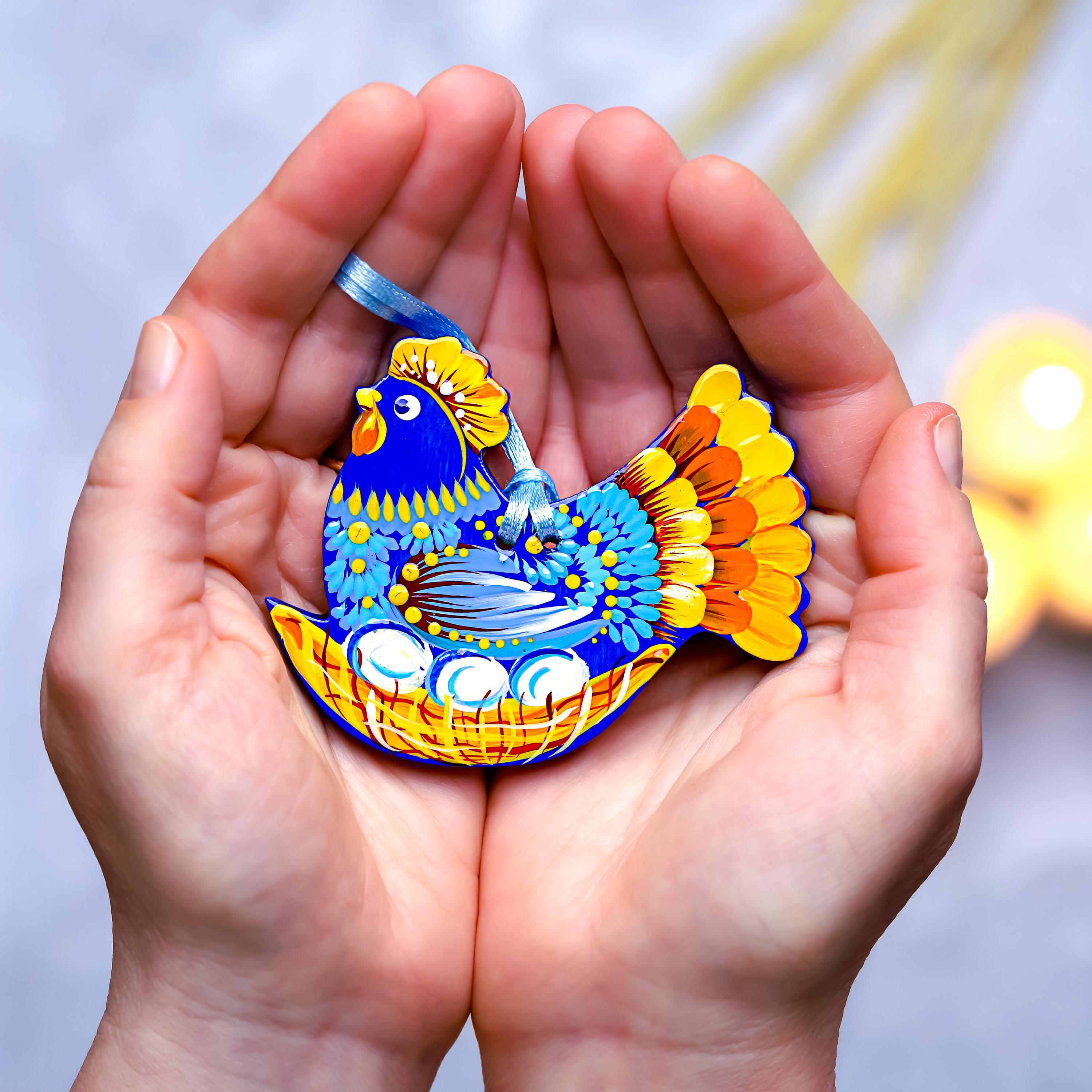 Painted Wooden Easter Bunny Ornament - Personalized Ukrainian Petrykivka Decoration