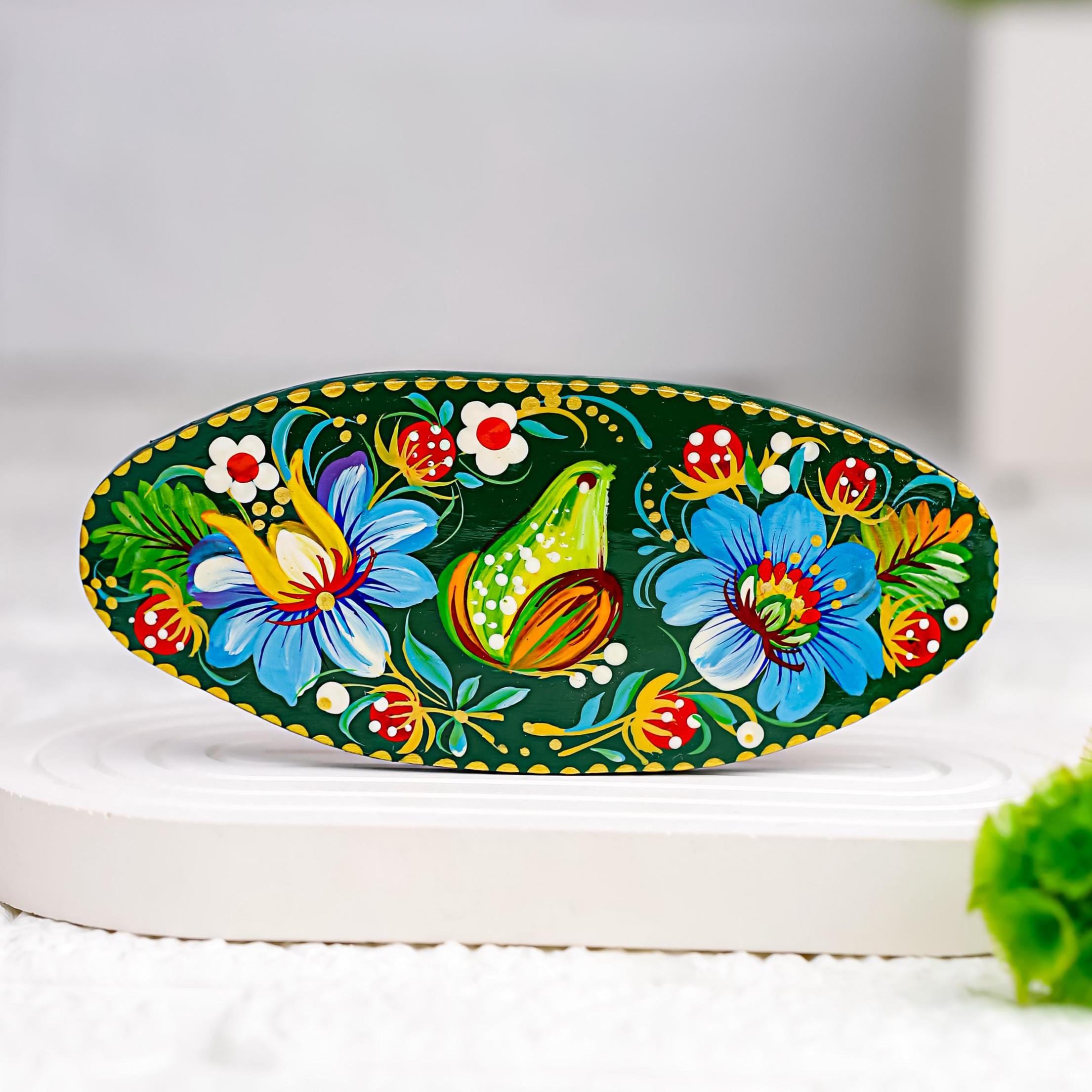 Painted Wooden Frog Hair Barrette - Large Oval Green Hair Clip with Ukrainian Petrykivka Art