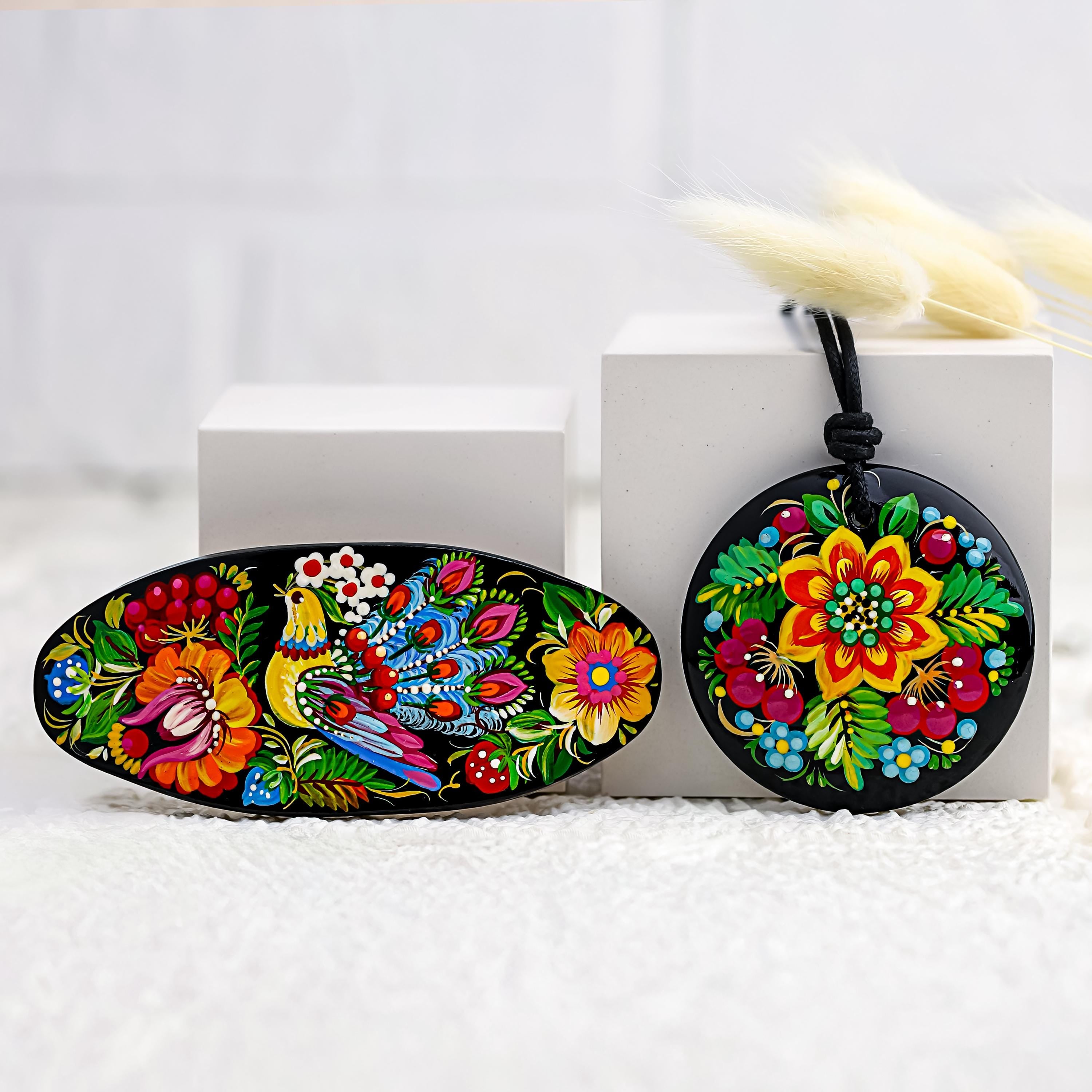Painted Wooden Hair Barrette - Large Oval Bird Hair Clip with Ukrainian Petrykivka Art