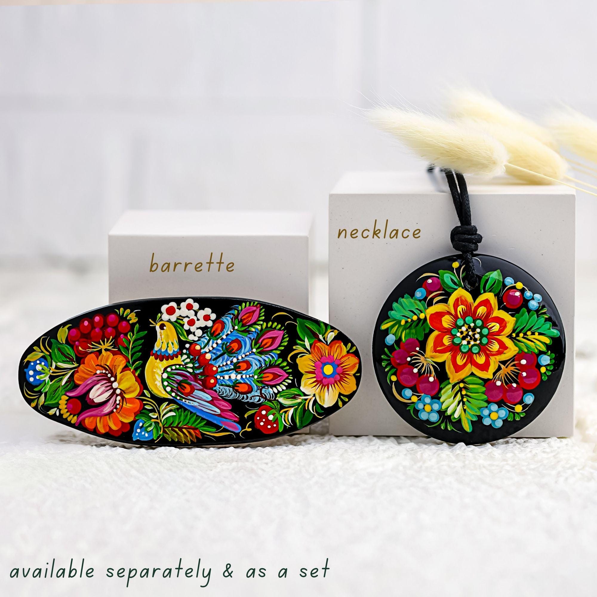 Painted Wooden Pendant Necklace - Large Round Ukrainian Sunflower Petrykivka Necklace