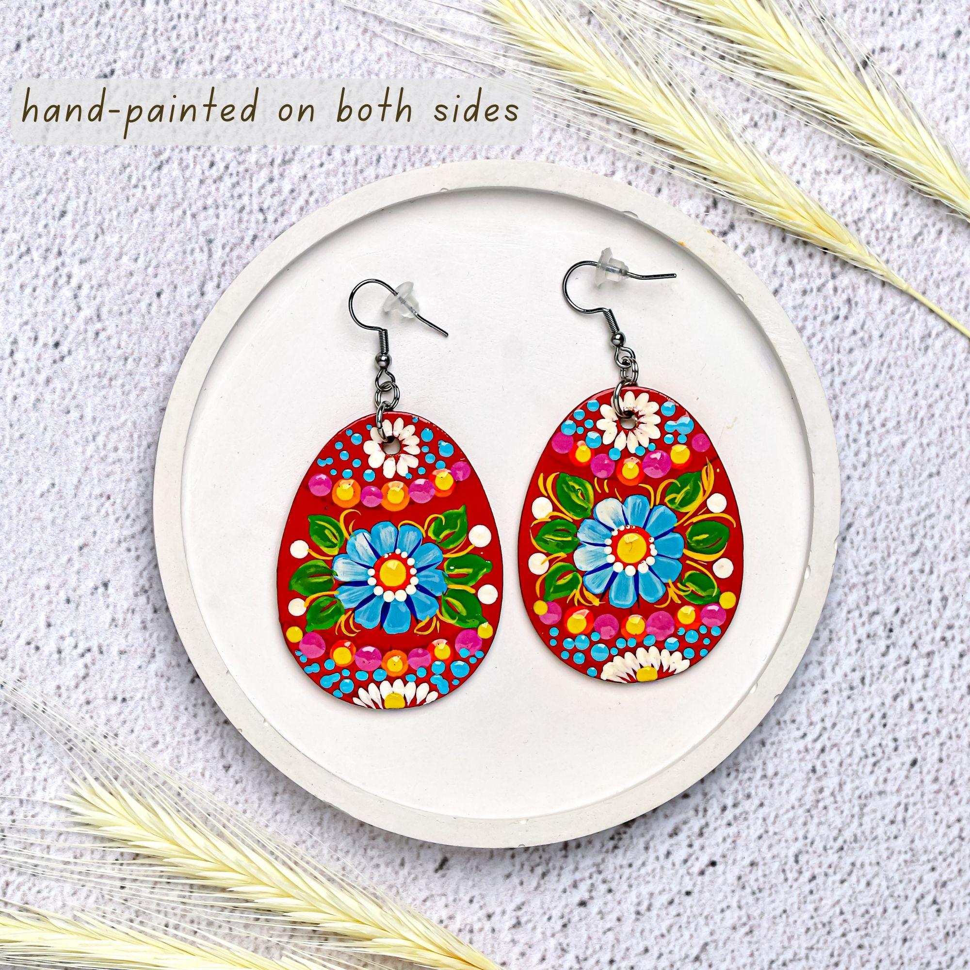 Hypoallergenic Easter Earrings - Egg-shaped Wooden Dangle Earrings - Ukrainian Pysanky Stainless Steel Jewelry