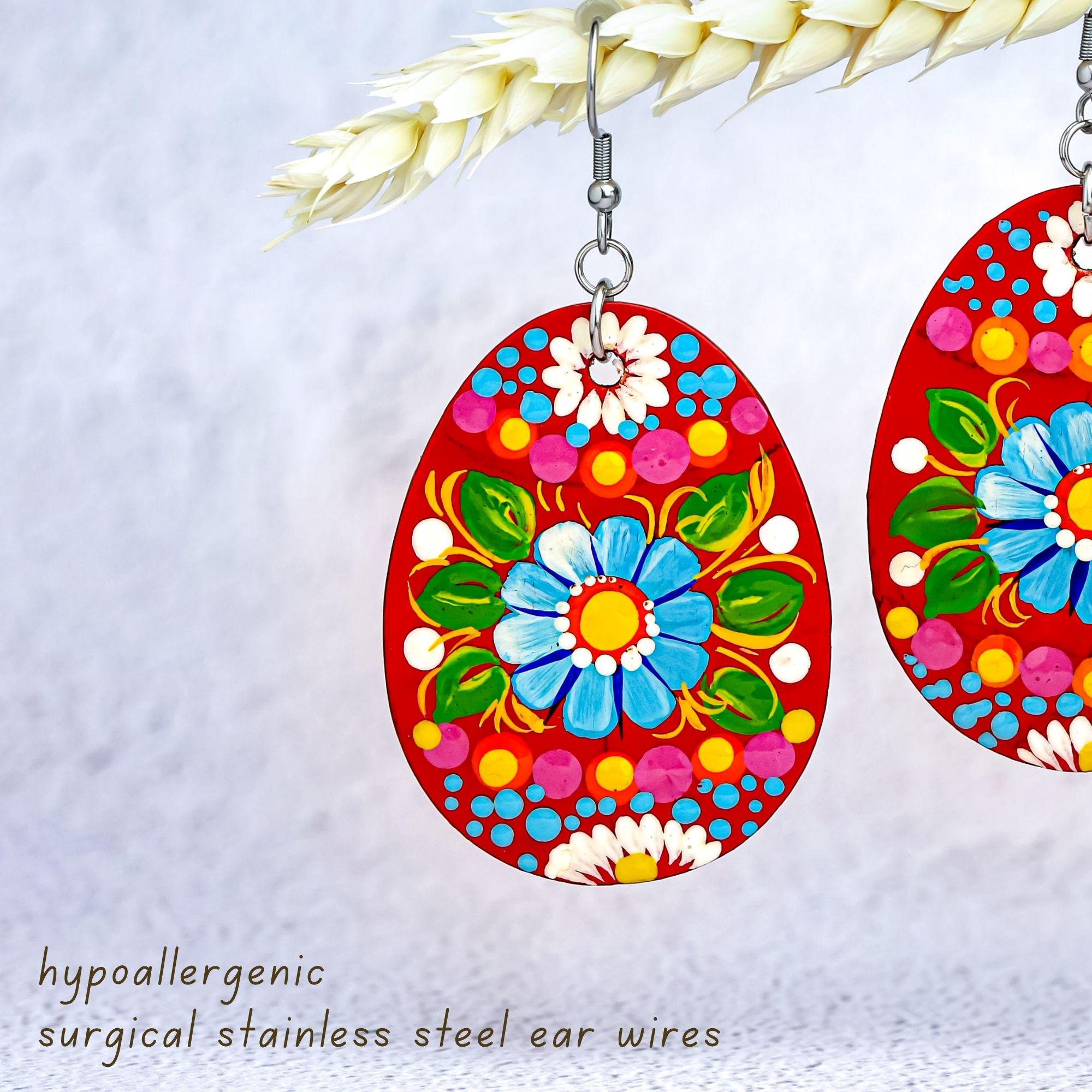 Hypoallergenic Easter Earrings - Egg-shaped Wooden Dangle Earrings - Ukrainian Pysanky Stainless Steel Jewelry