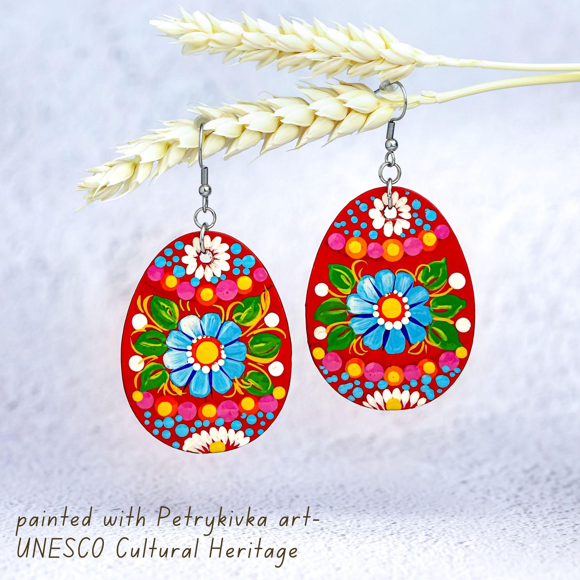 Hypoallergenic Easter Earrings - Egg-shaped Wooden Dangle Earrings - Ukrainian Pysanky Stainless Steel Jewelry