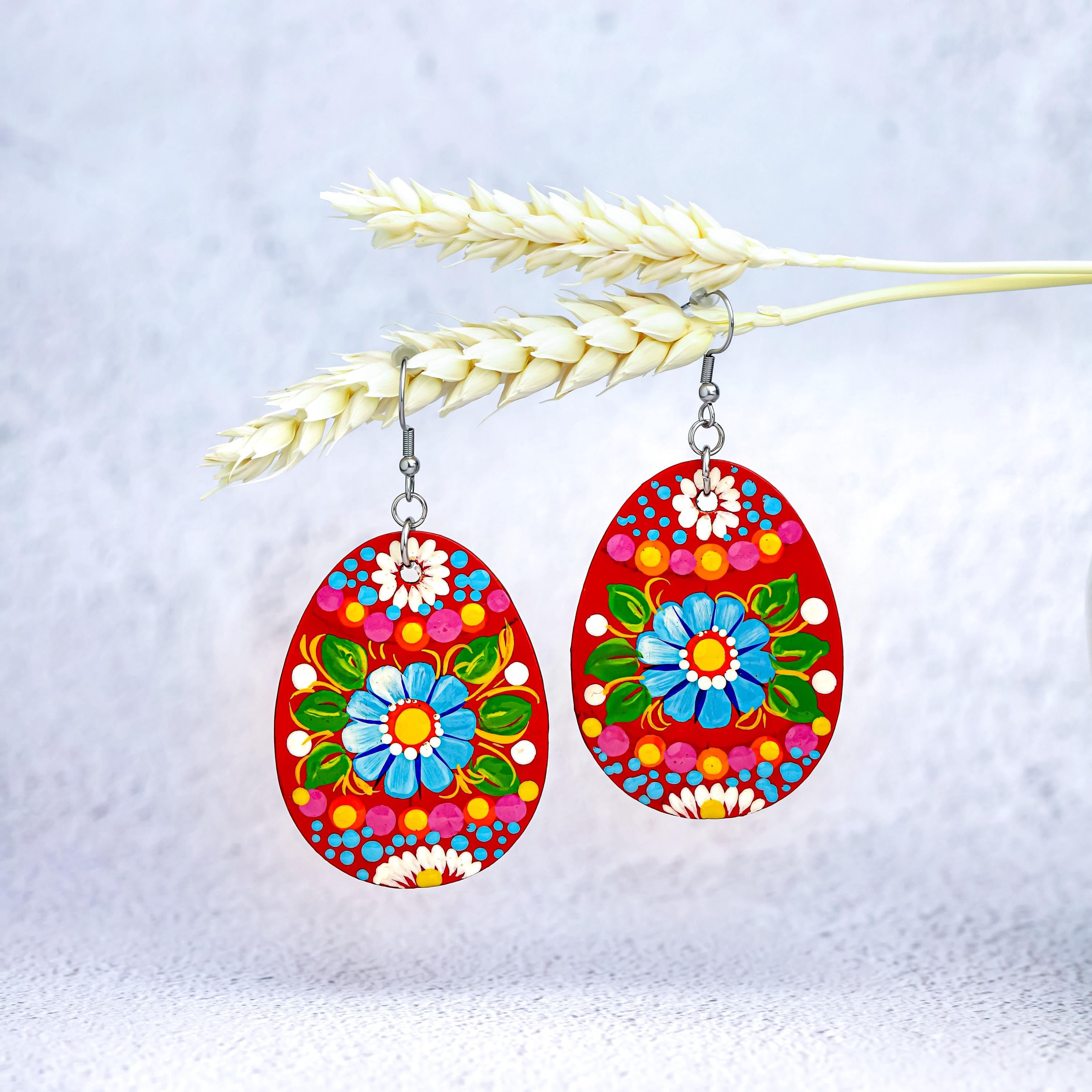 Hypoallergenic Easter Earrings - Egg-shaped Wooden Dangle Earrings - Ukrainian Pysanky Stainless Steel Jewelry