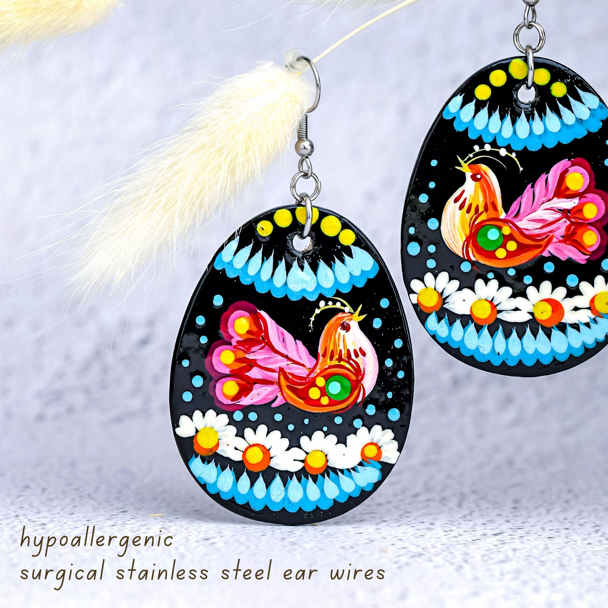 Wooden Bird Easter Earrings Hypoallergenic - Egg-shaped Dangle Earrings - Ukrainian Pysanky Stainless Steel Jewelry