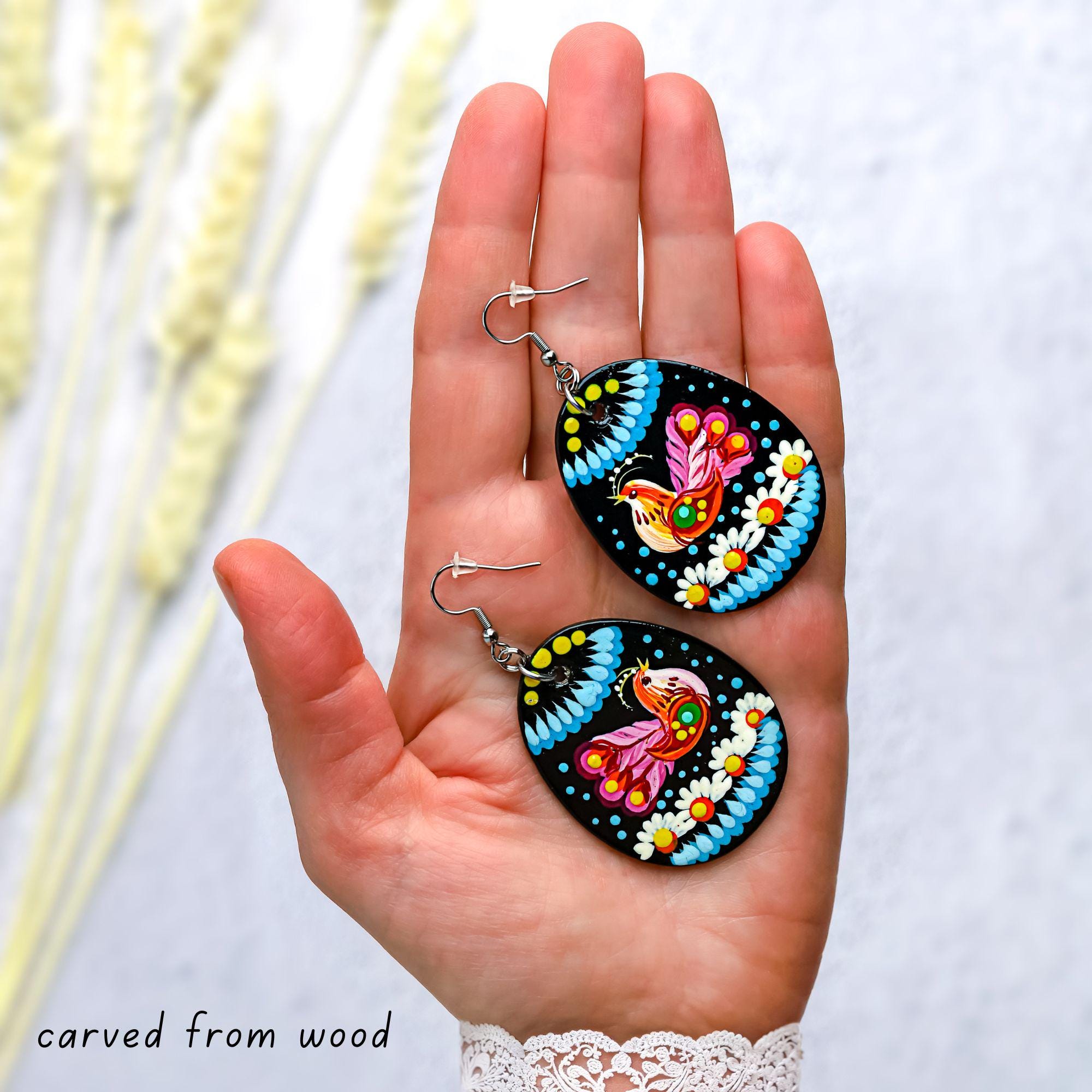 Wooden Bird Easter Earrings Hypoallergenic - Egg-shaped Dangle Earrings - Ukrainian Pysanky Stainless Steel Jewelry