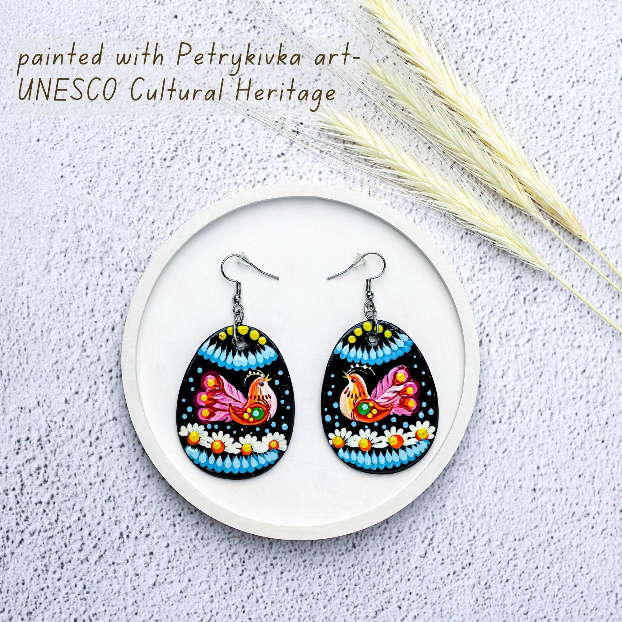 Wooden Bird Easter Earrings Hypoallergenic - Egg-shaped Dangle Earrings - Ukrainian Pysanky Stainless Steel Jewelry