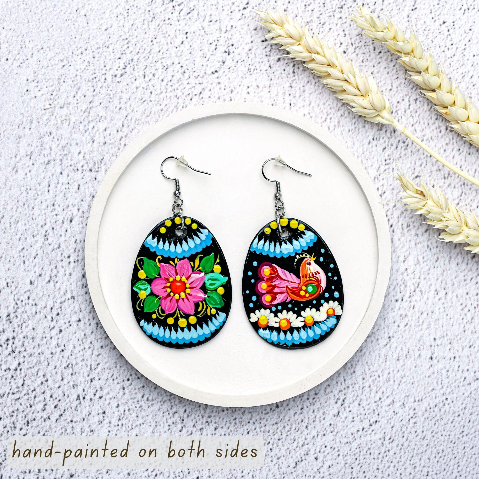 Wooden Bird Easter Earrings Hypoallergenic - Egg-shaped Dangle Earrings - Ukrainian Pysanky Stainless Steel Jewelry