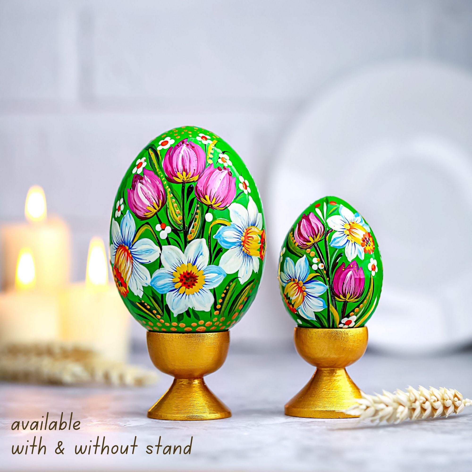 Painted Wooden Egg - Personalized Daffodil & Tulip Easter Decoration, Ukrainian Petrykivka Pysanky Eggs