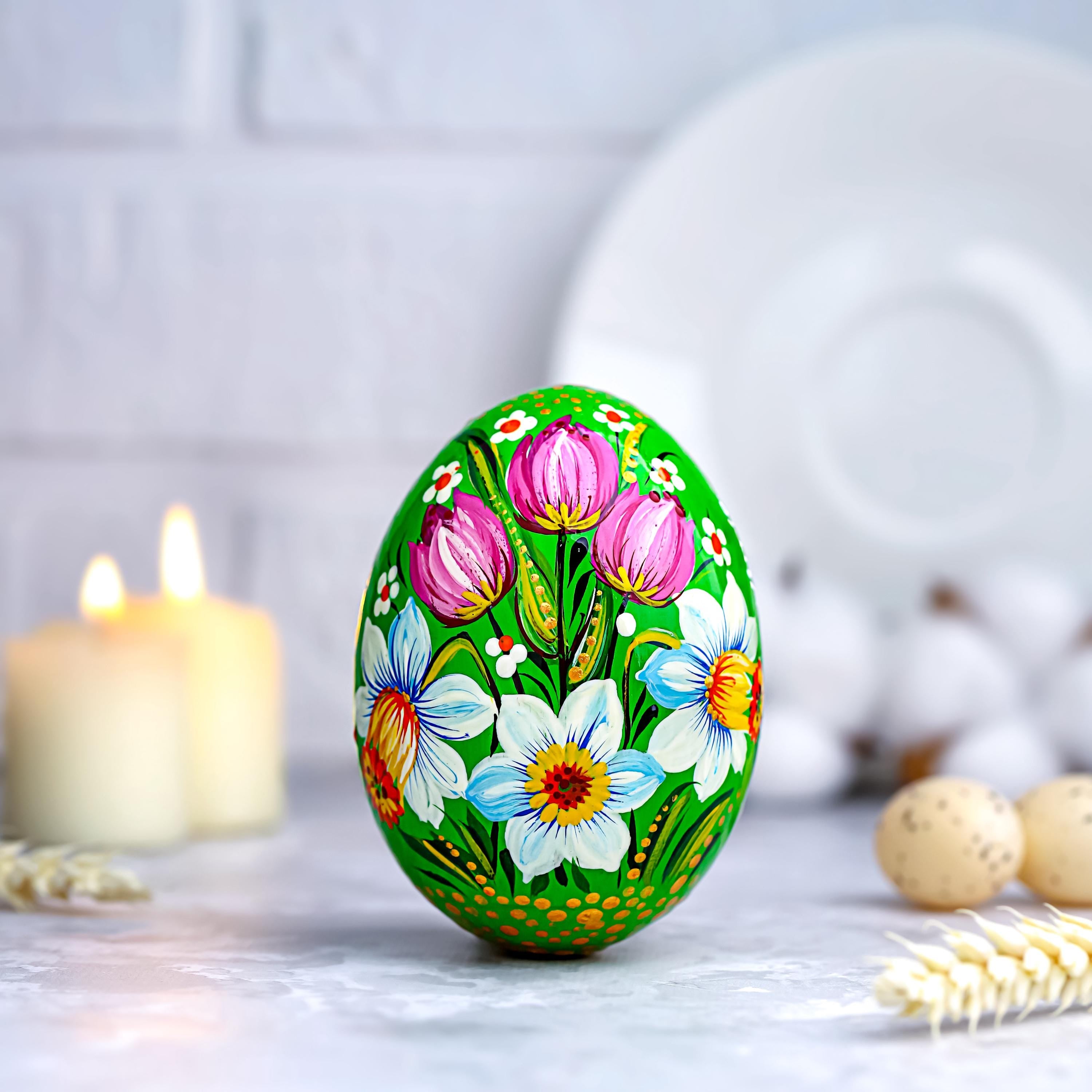 Personalized Painted Wooden Egg - Ukrainian Petrykivka Pysanky Eggs, Daffodil & Tulip Easter Decoration