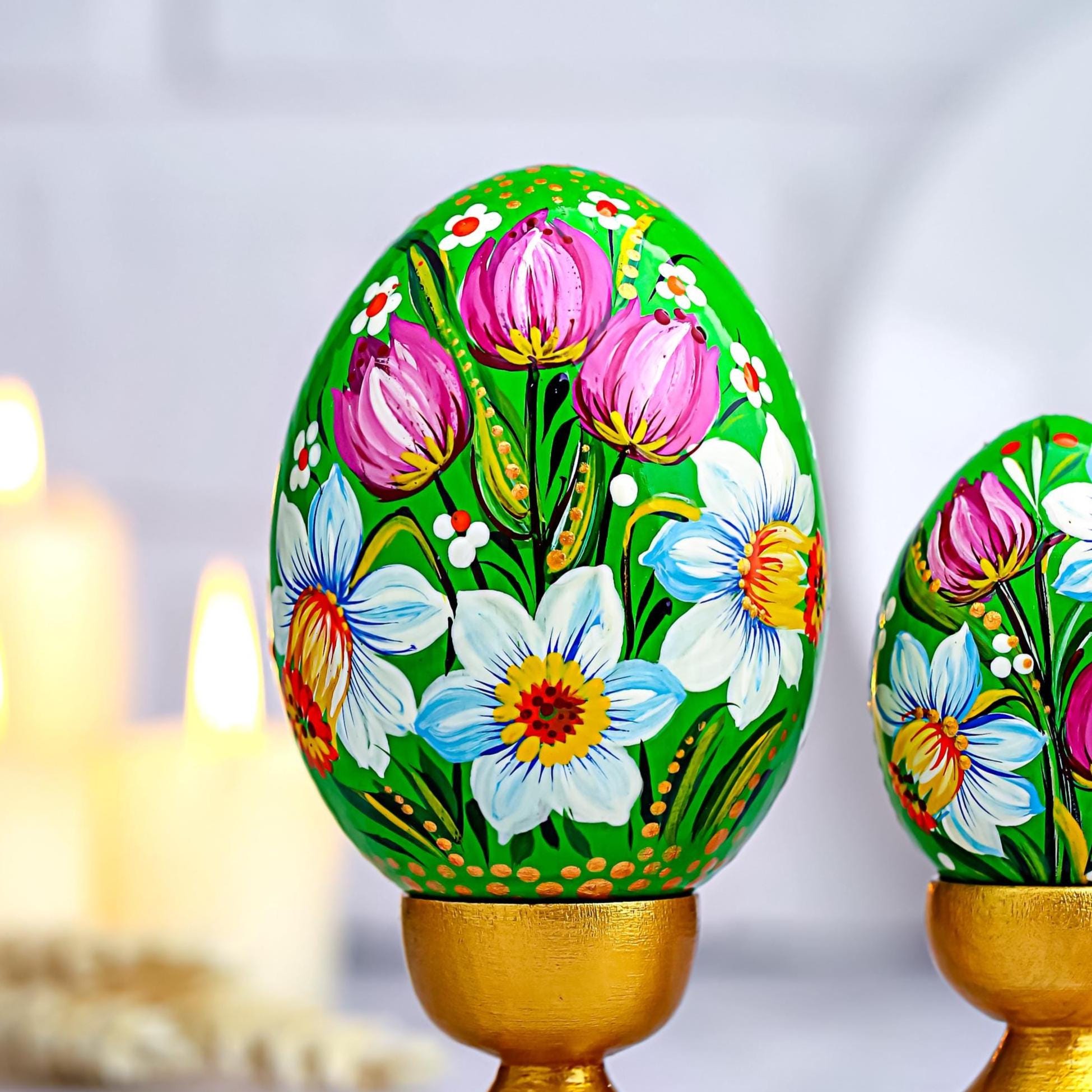 Painted Wooden Egg - Personalized Daffodil & Tulip Easter Decoration, Ukrainian Petrykivka Pysanky Eggs