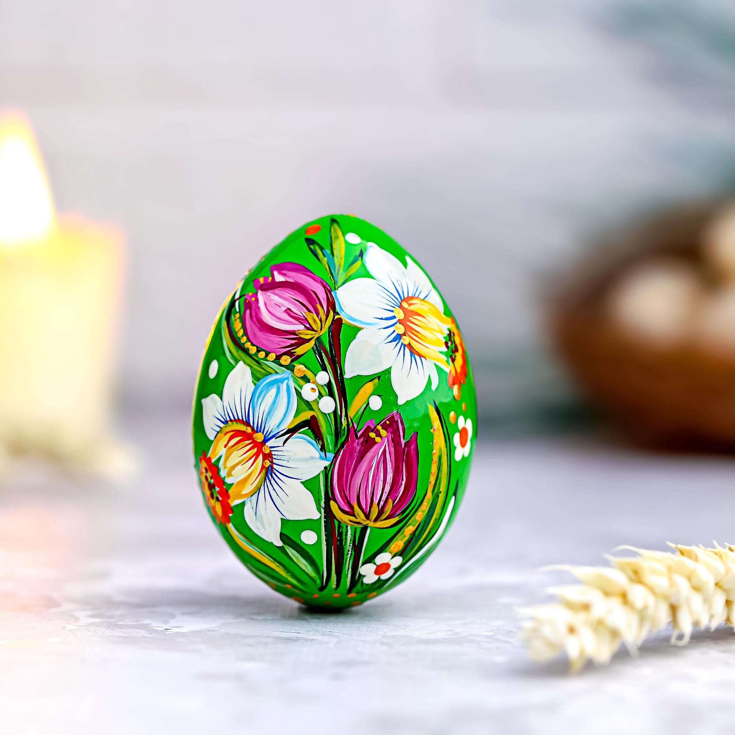 Painted Wooden Egg - Personalized Daffodil & Tulip Easter Decoration, Ukrainian Petrykivka Pysanky Eggs