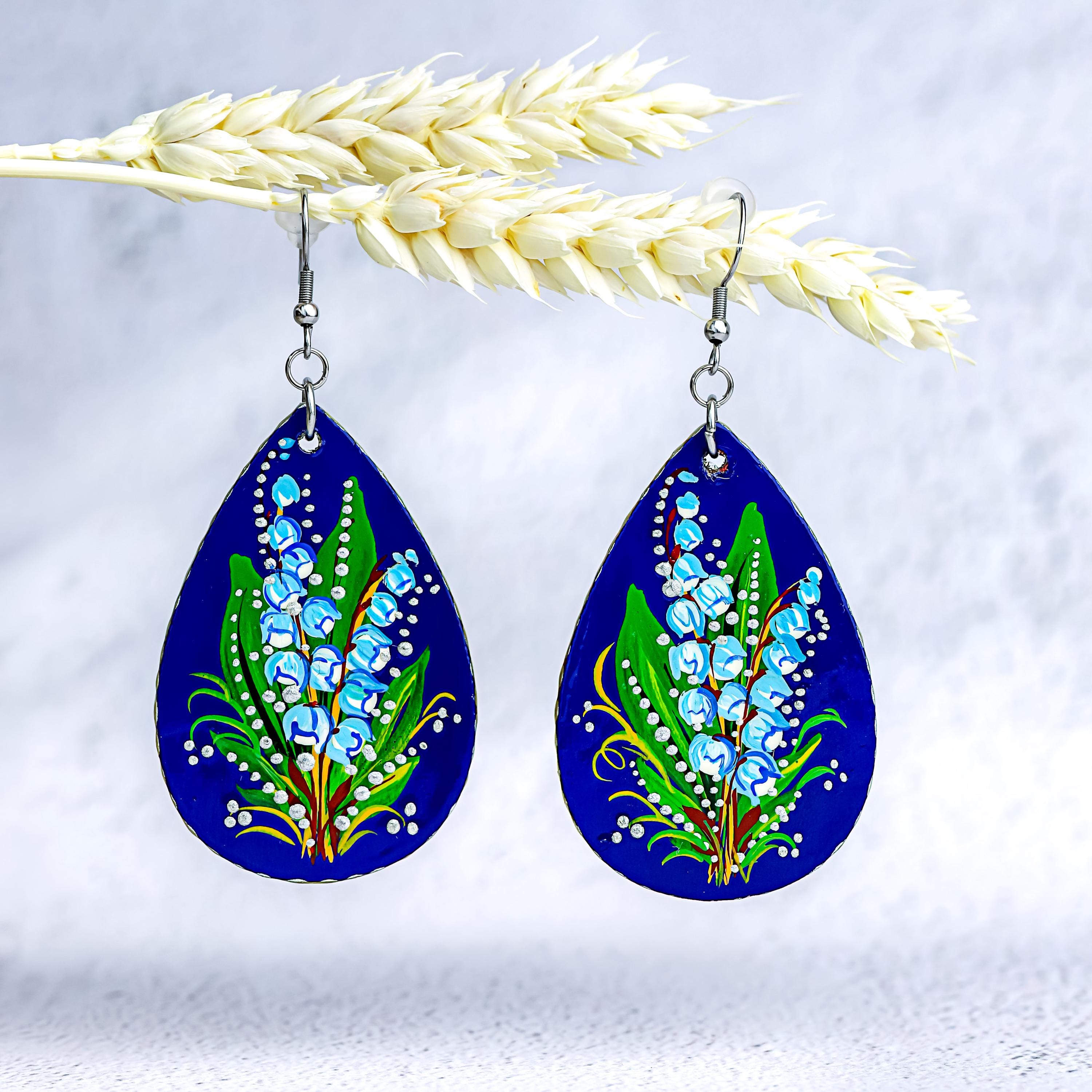 Painted Lily of the Valley Earrings - Hypoallergenic Wooden Teardrop Dangle Earrings - Ukrainian Stainless Steel Jewelry