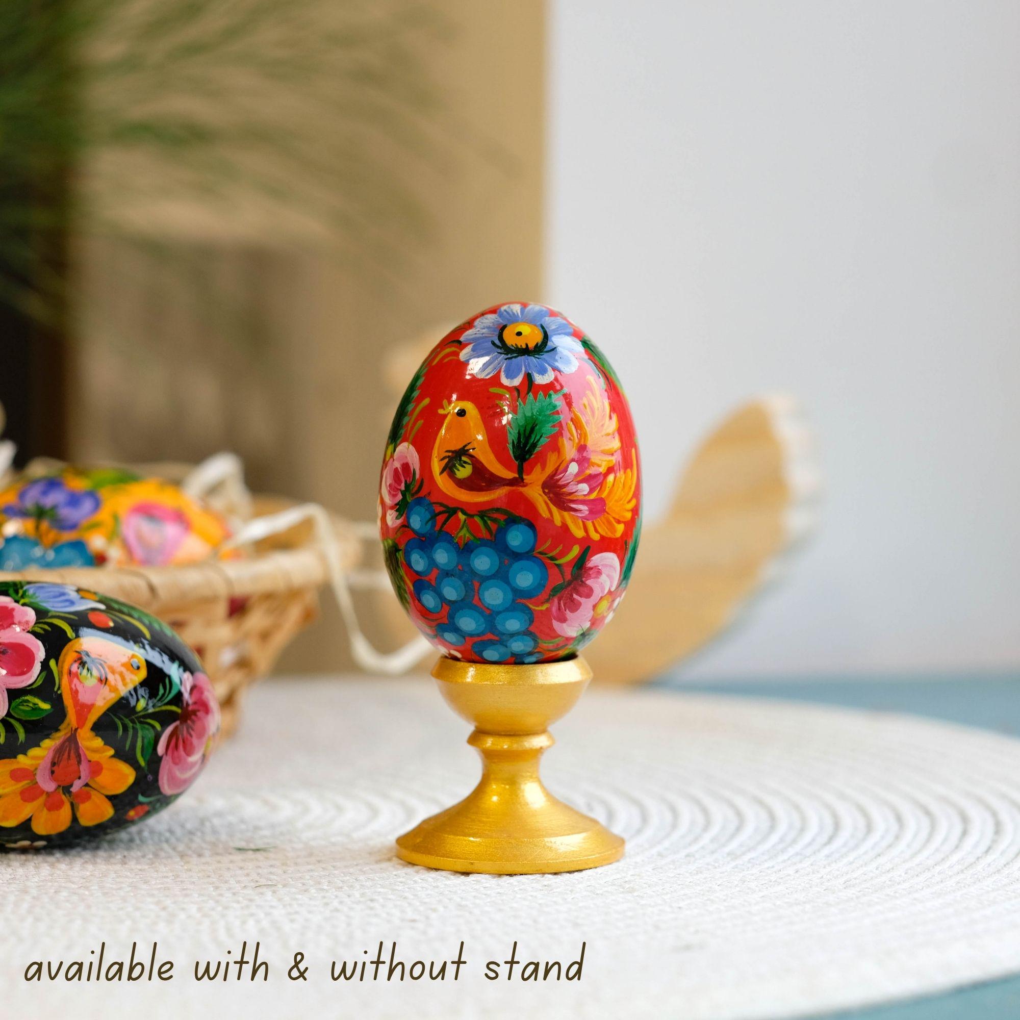 Painted Wooden Bird Easter Egg - Ukrainian Pysanky with Petrykivka Art