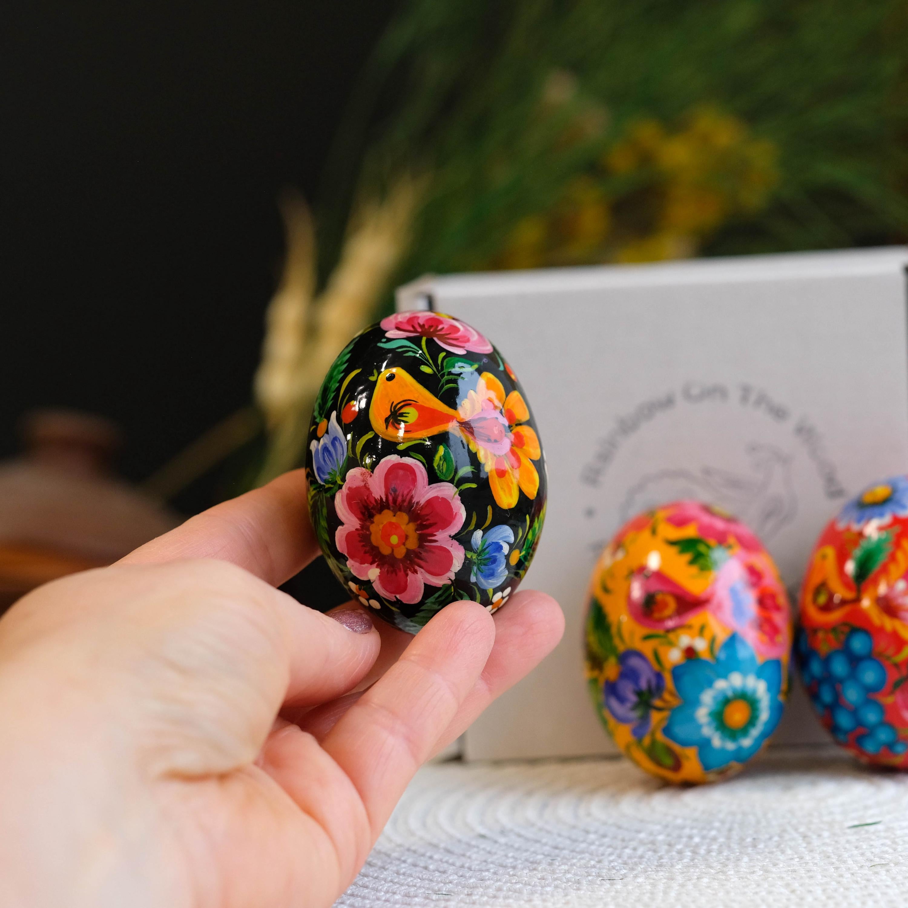 Painted Wooden Bird Easter Egg - Ukrainian Pysanky with Petrykivka Art