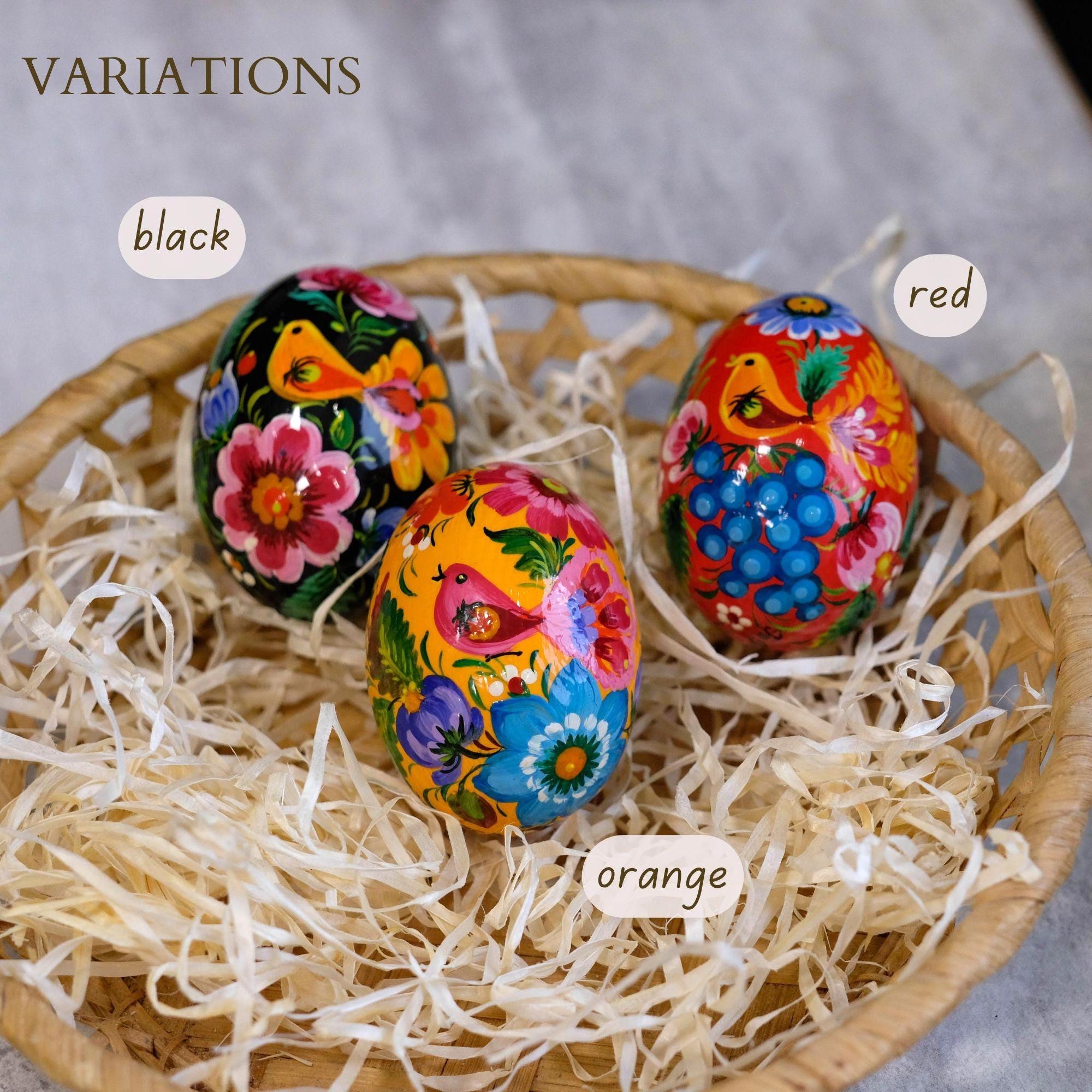 Painted Wooden Bird Easter Egg - Ukrainian Pysanky with Petrykivka Art