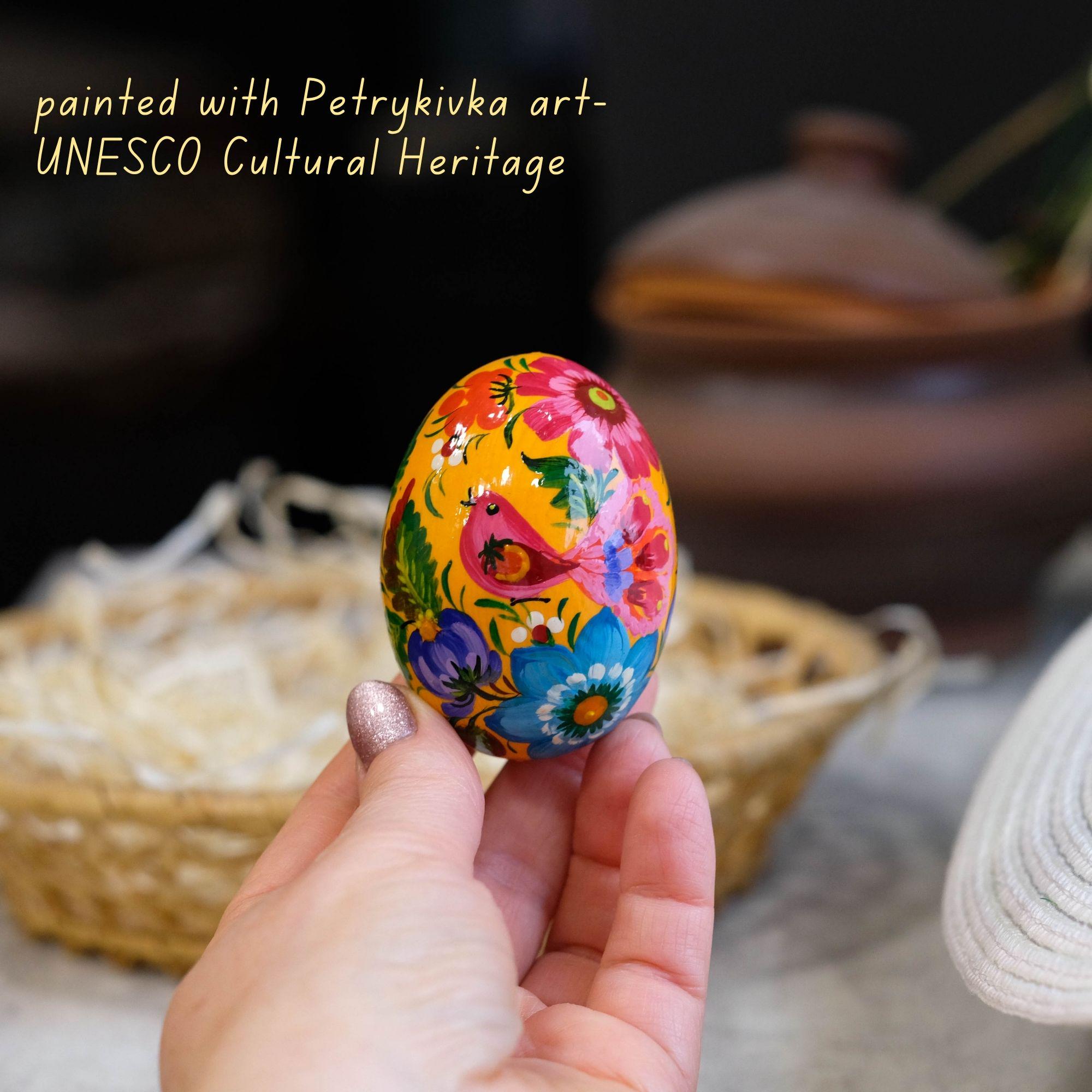 Painted Wooden Bird Easter Egg - Ukrainian Pysanky with Petrykivka Art