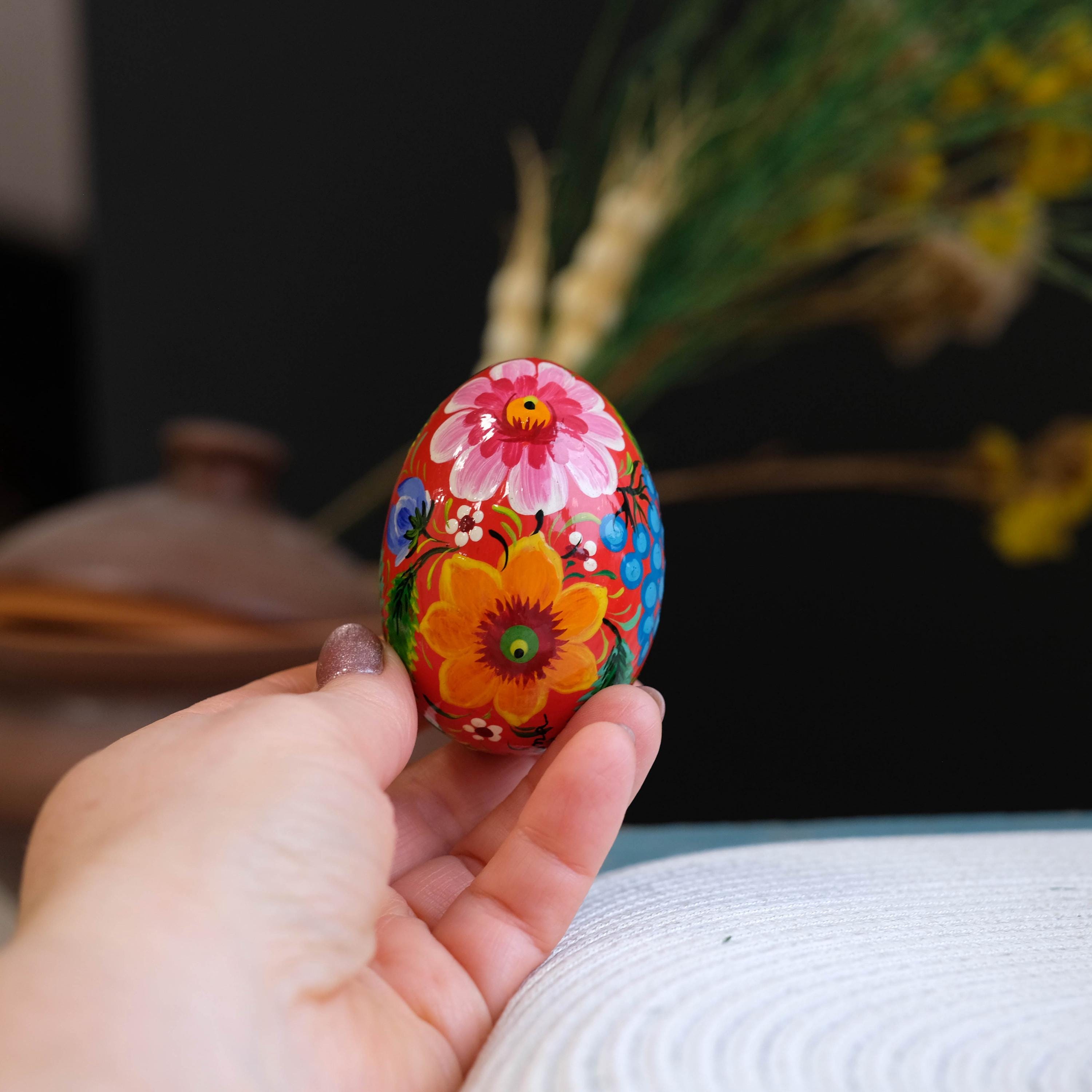 Painted Wooden Bird Easter Egg - Ukrainian Pysanky with Petrykivka Art