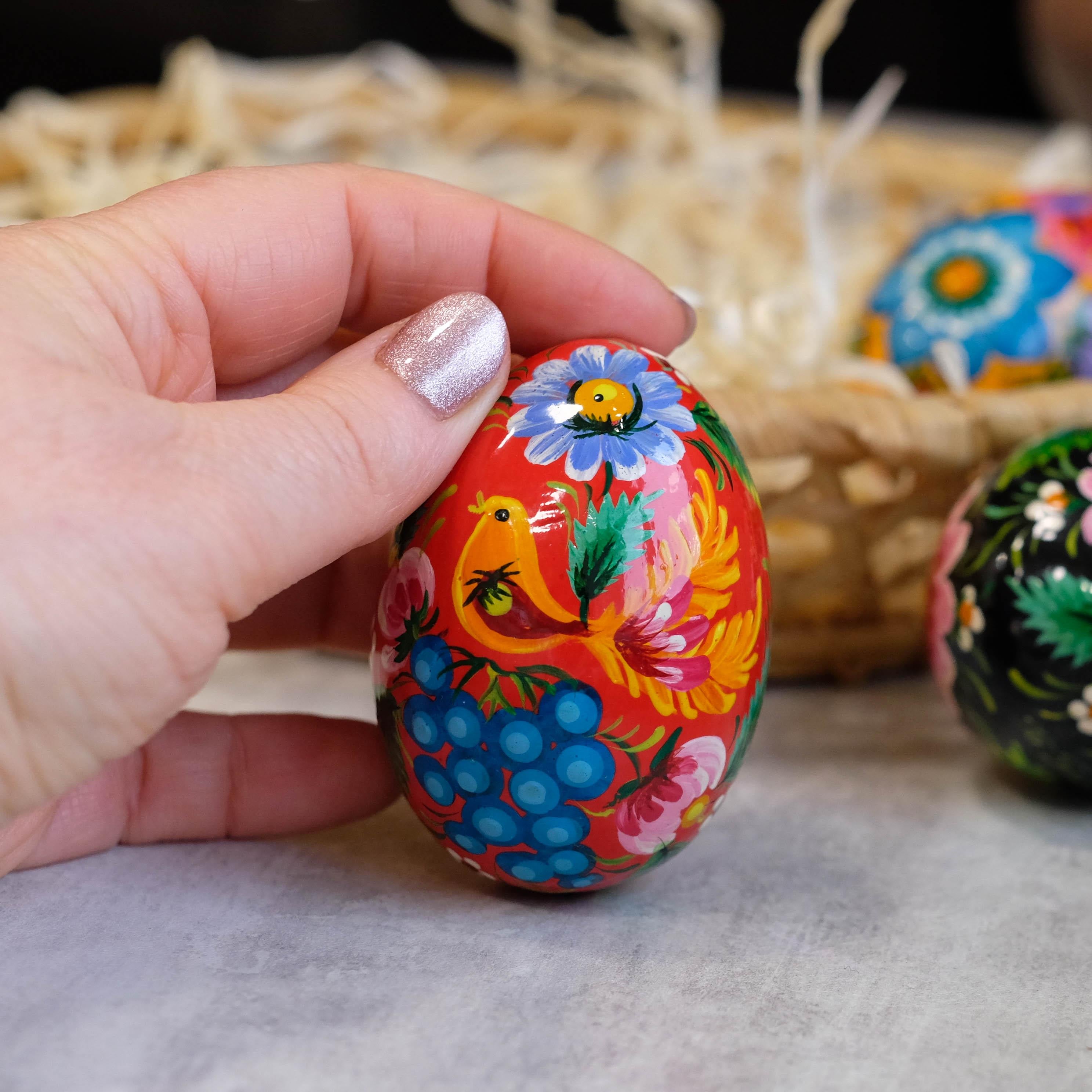 Painted Wooden Bird Easter Egg - Ukrainian Pysanky with Petrykivka Art