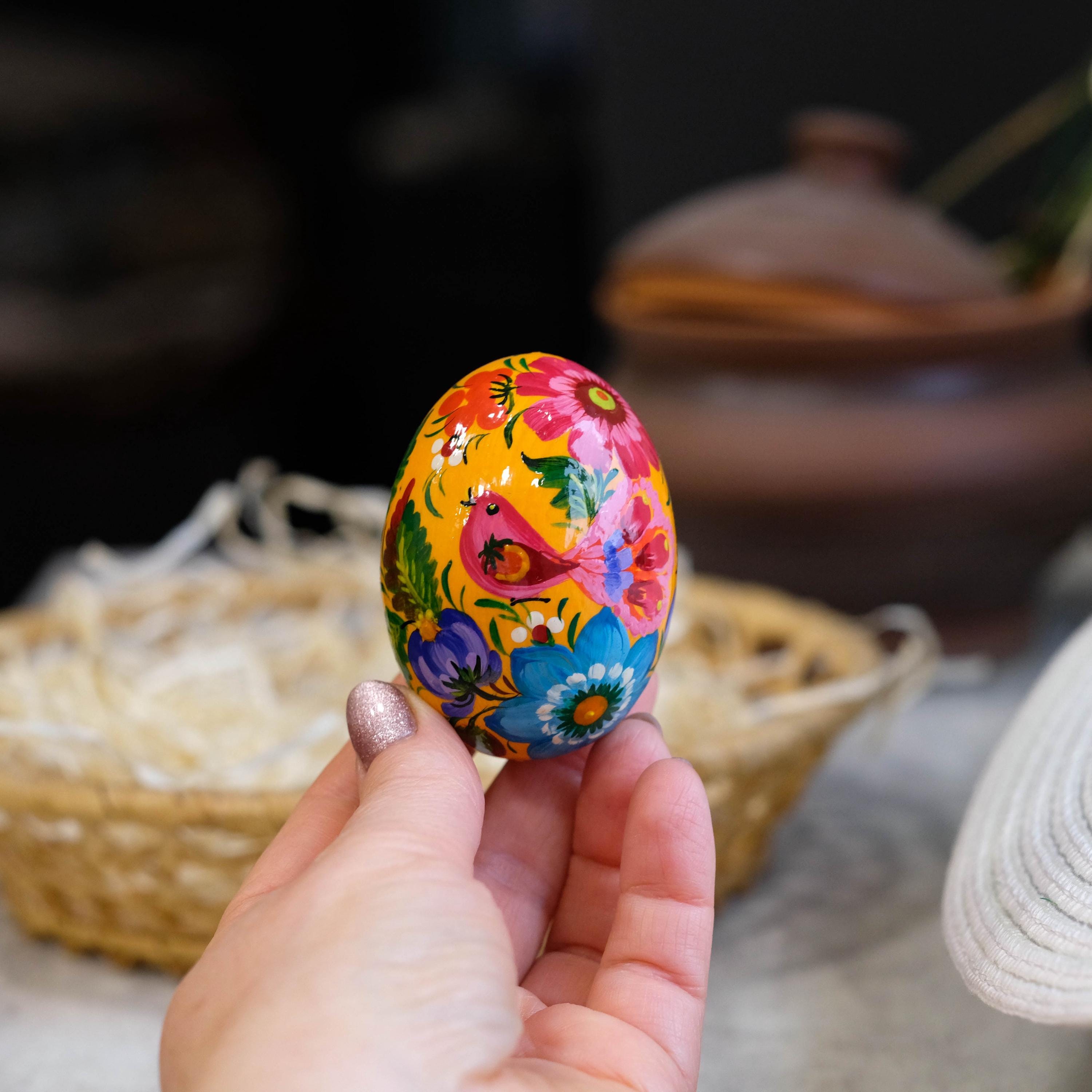 Painted Wooden Bird Easter Egg - Ukrainian Pysanky with Petrykivka Art
