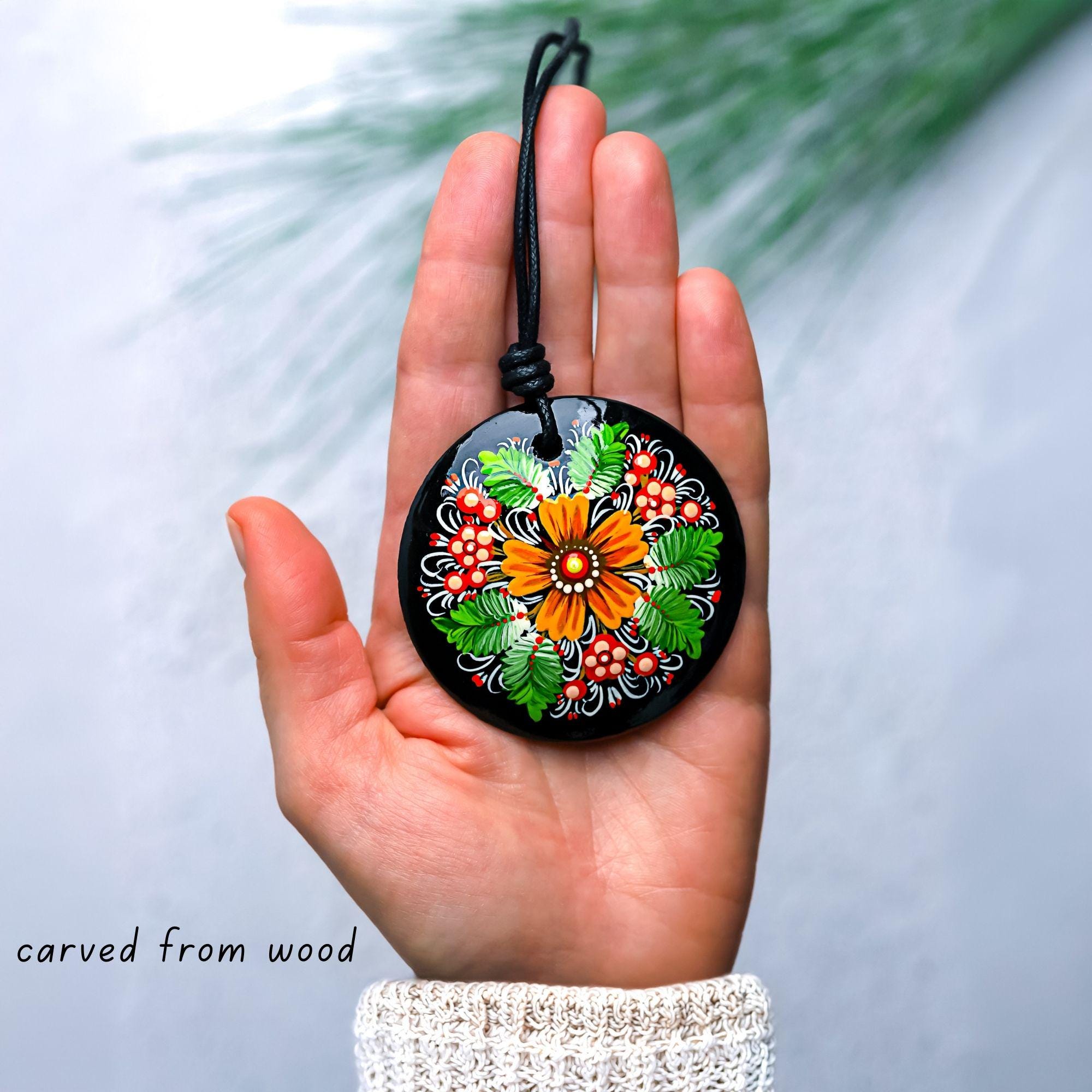 Hand-Painted Wooden Pendant Necklace – Ukrainian Petrykivka Folk Art Statement Medallion