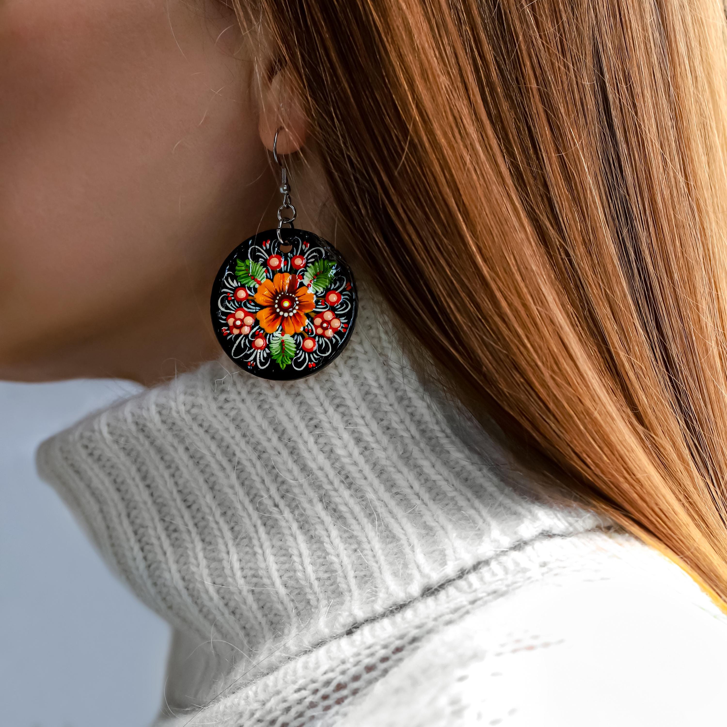 Hand-Painted Wooden Pendant Necklace – Ukrainian Petrykivka Folk Art Statement Medallion
