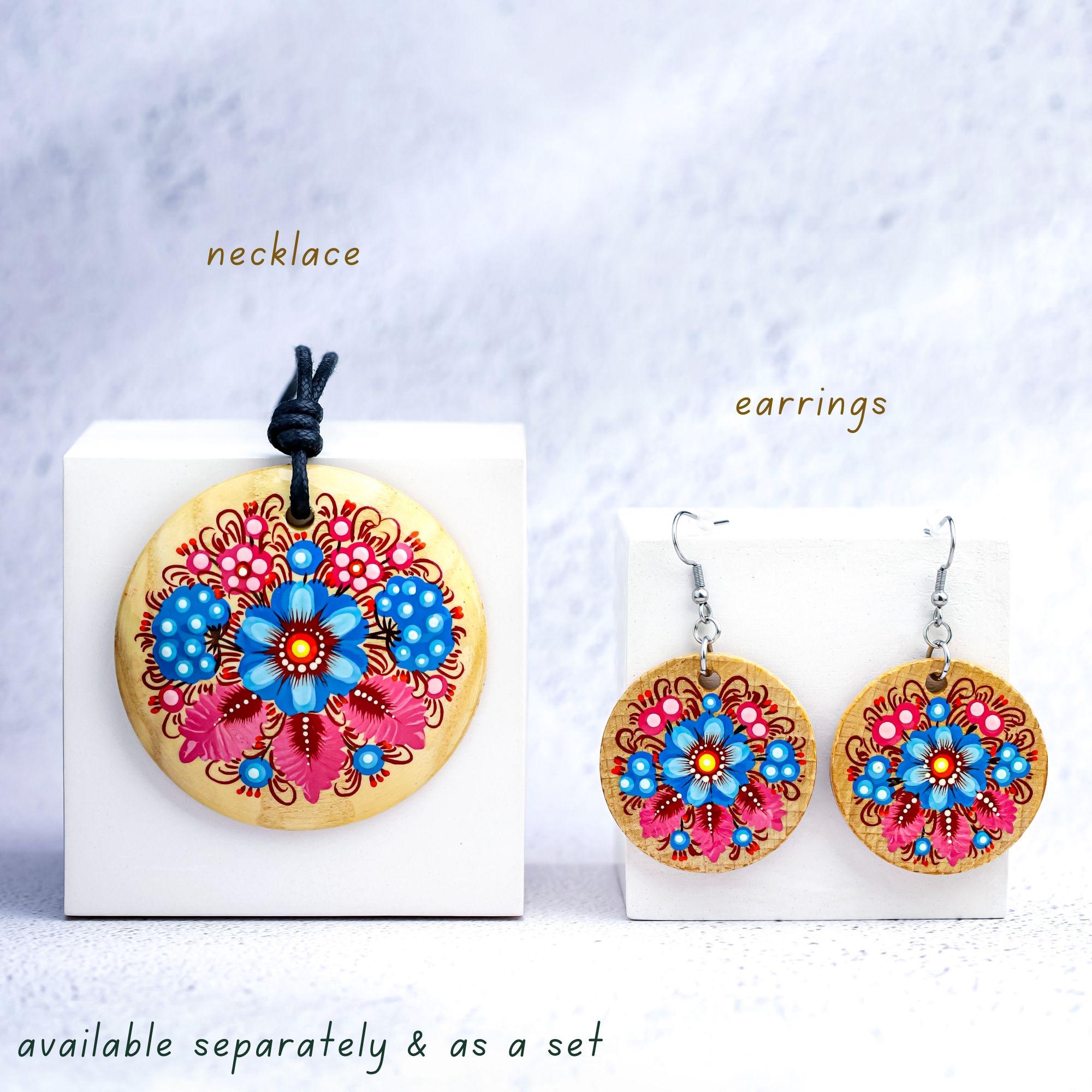 Hand-Painted Wooden Pendant Necklace – Ukrainian Petrykivka Folk Art Statement Medallion