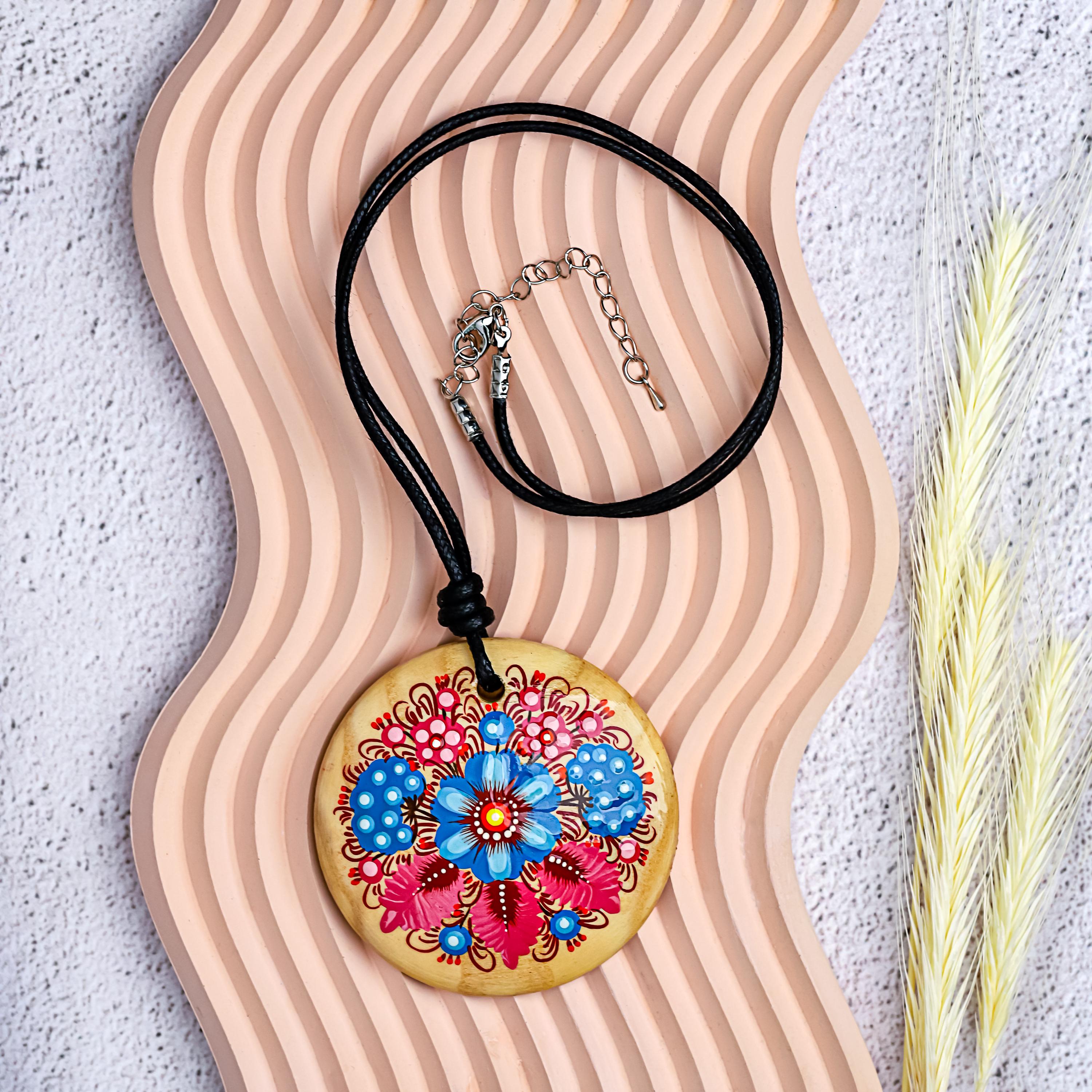 Hand-Painted Wooden Pendant Necklace – Ukrainian Petrykivka Folk Art Statement Medallion
